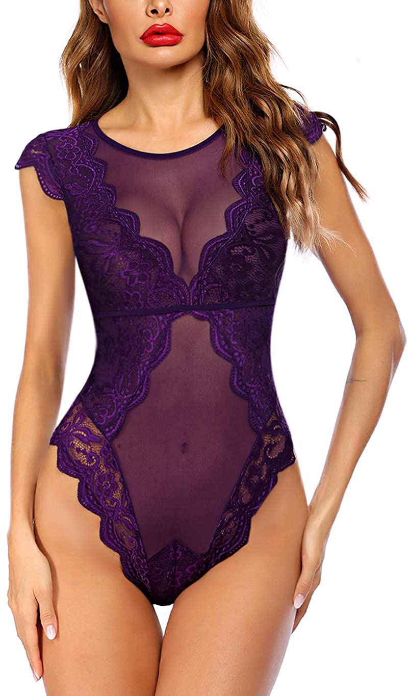 Avidlove Women Teddy Lingerie One Piece Babydoll Snap Crotch Lingerie Mini Bodysuit Apparel & Accessories > Clothing > Underwear & Socks > Lingerie Avidlove Purple(with Snap Crotch) Small