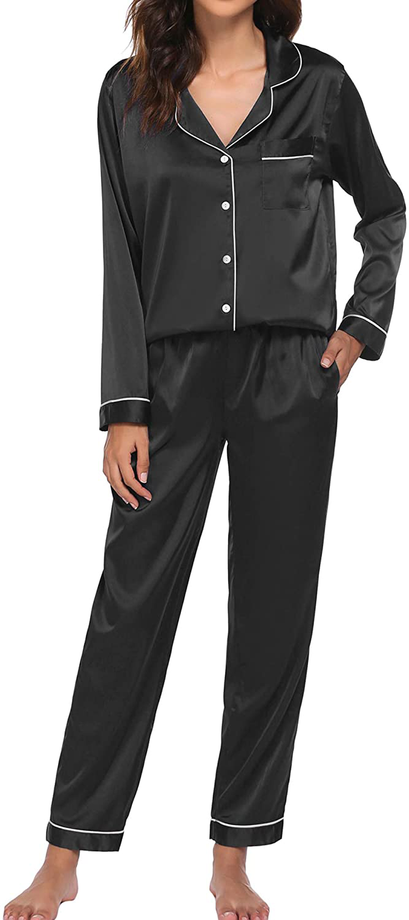 Ekouaer Satin Pajamas Women’S Long Sleeve Sleepwear Silk Soft Button down Loungewear Pjs Set S-XXL Apparel & Accessories > Clothing > Sleepwear & Loungewear Kylie Max