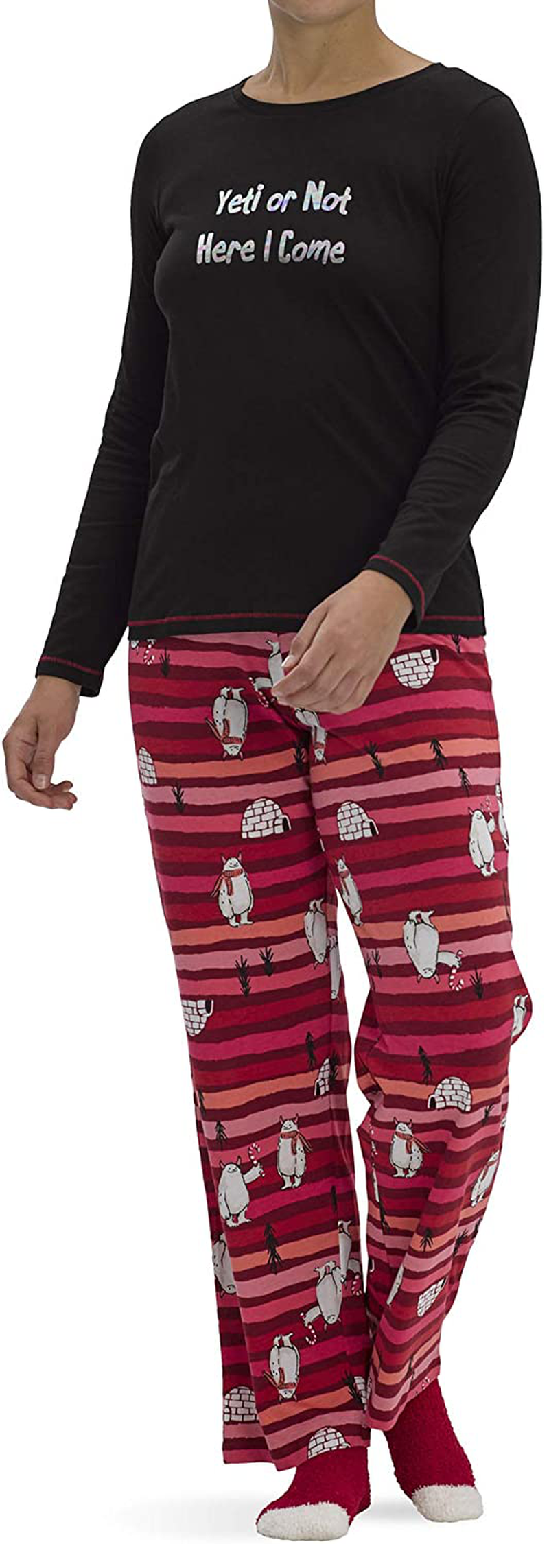HUE Women's Printed Knit Tee and Pant 3 Piece Pajama Set Apparel & Accessories > Clothing > Sleepwear & Loungewear > Pajamas HUE Black - Not Just Yeti Large