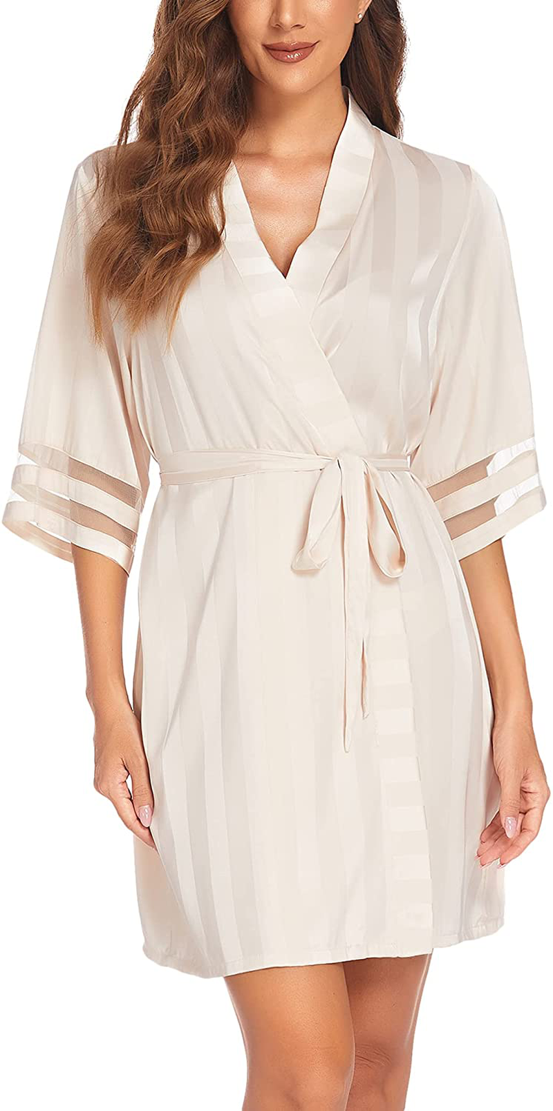 Ekouaer Womens Satin Robe Lightweight Kimono Bathrobe 3/4 Bell Sleeve Bridesmaid Bride Party Robes S-XXL Apparel & Accessories > Clothing > Sleepwear & Loungewear > Robes Ekouaer Champagne-jacquard Large