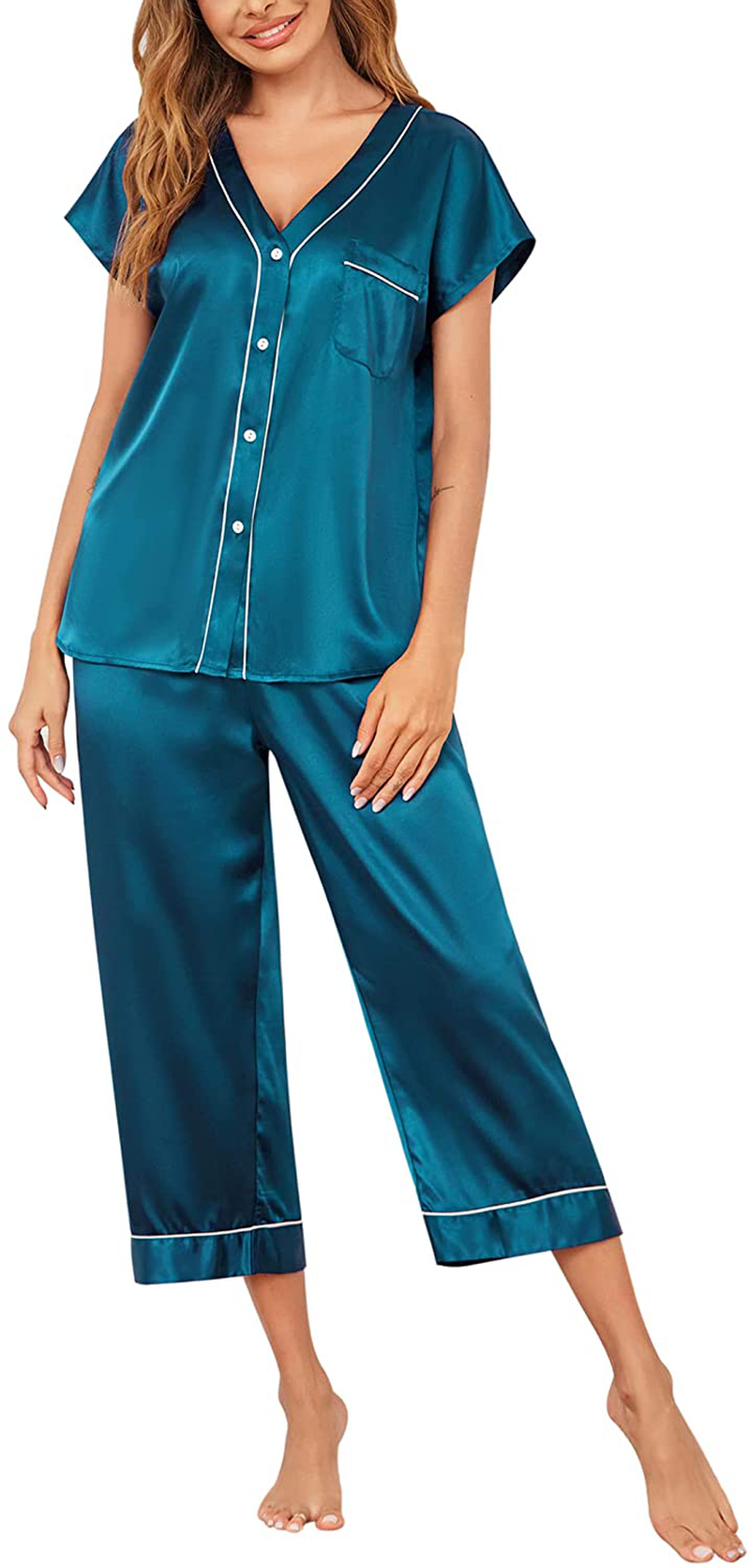 Ekouaer Women Silk Satin Pajamas Button down Lounge Sets Short Sleeve Sleepwear Apparel & Accessories > Clothing > Sleepwear & Loungewear > Pajamas Kylie Max