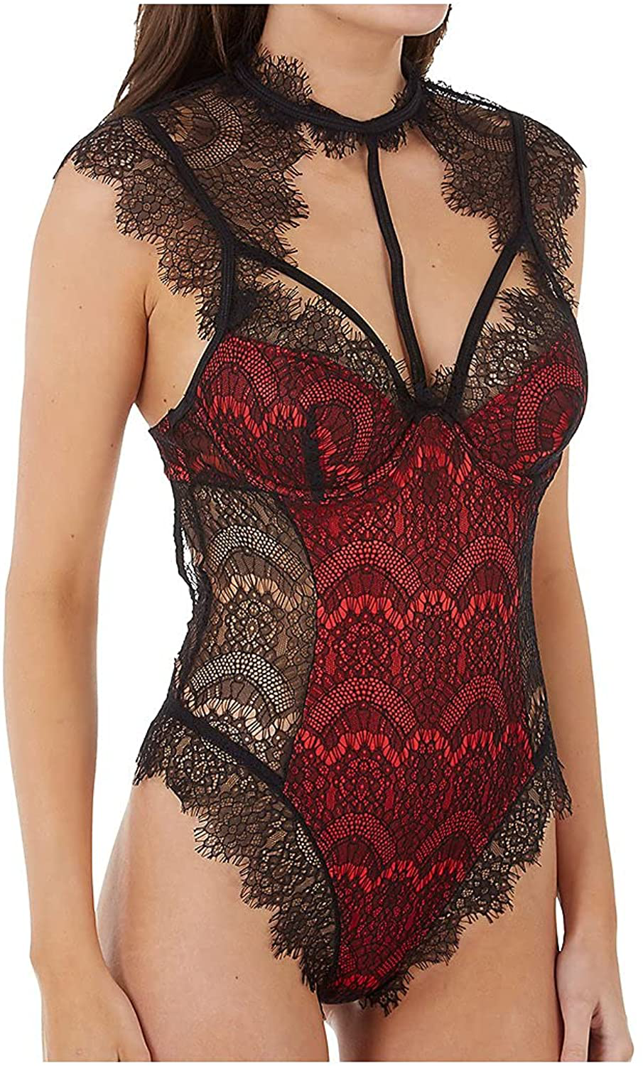 Dreamgirl womens Teddy Bodysuit Lingerie With Contrast Lace Overlay Apparel & Accessories > Clothing > Underwear & Socks > Lingerie Dreamgirl Black/Red X-Large