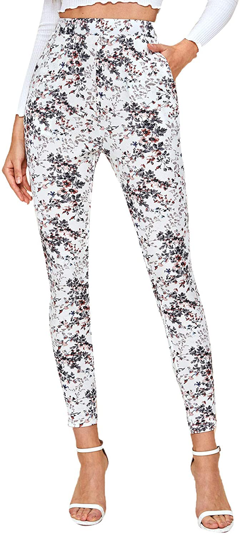 SweatyRocks Women's Casual Skinny Leggings Stretchy High Waisted Work Pants Apparel & Accessories > Clothing > Activewear SweatyRocks Floral White X-Large
