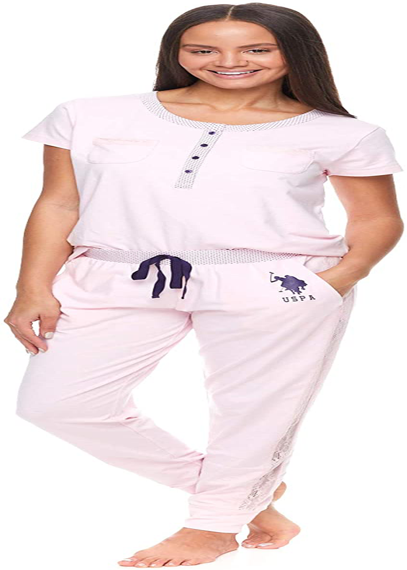 U.S. Polo Assn. Womens Pajama Set with Pockets - Short Sleeve Shirt and Pajama Pants Pj Set Apparel & Accessories > Clothing > Sleepwear & Loungewear > Pajamas U.S. Polo Assn. Light Pink Heather Large