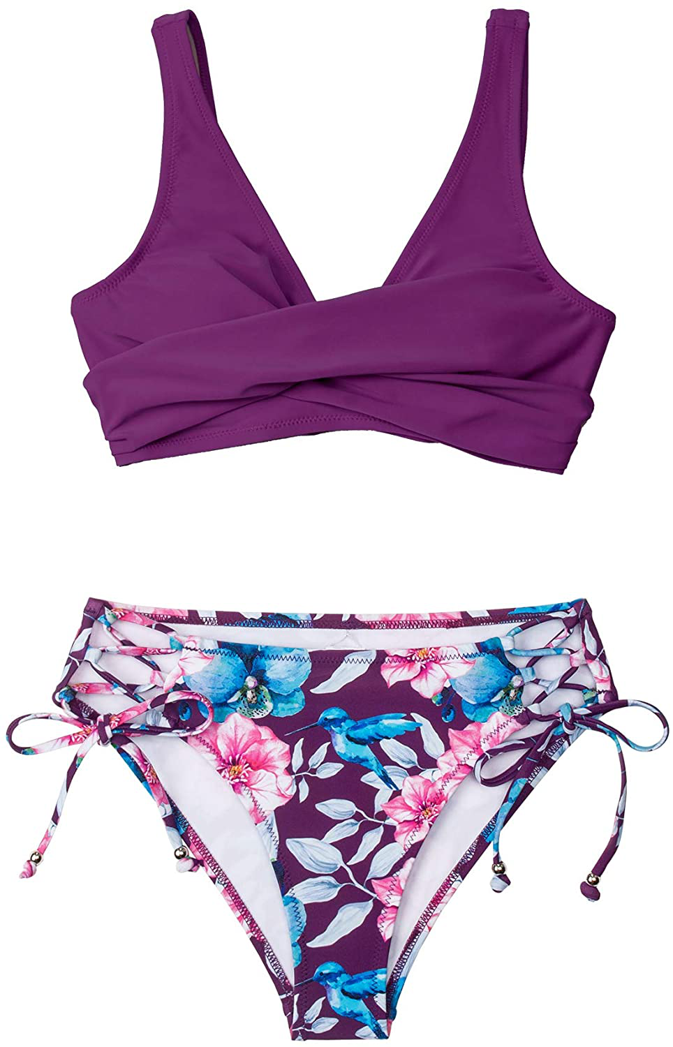 CUPSHE Women's Bikini Swimsuit Front Cross Lace Up Two Piece Bathing Suit Apparel & Accessories > Clothing > Swimwear CUPSHE Violet Large