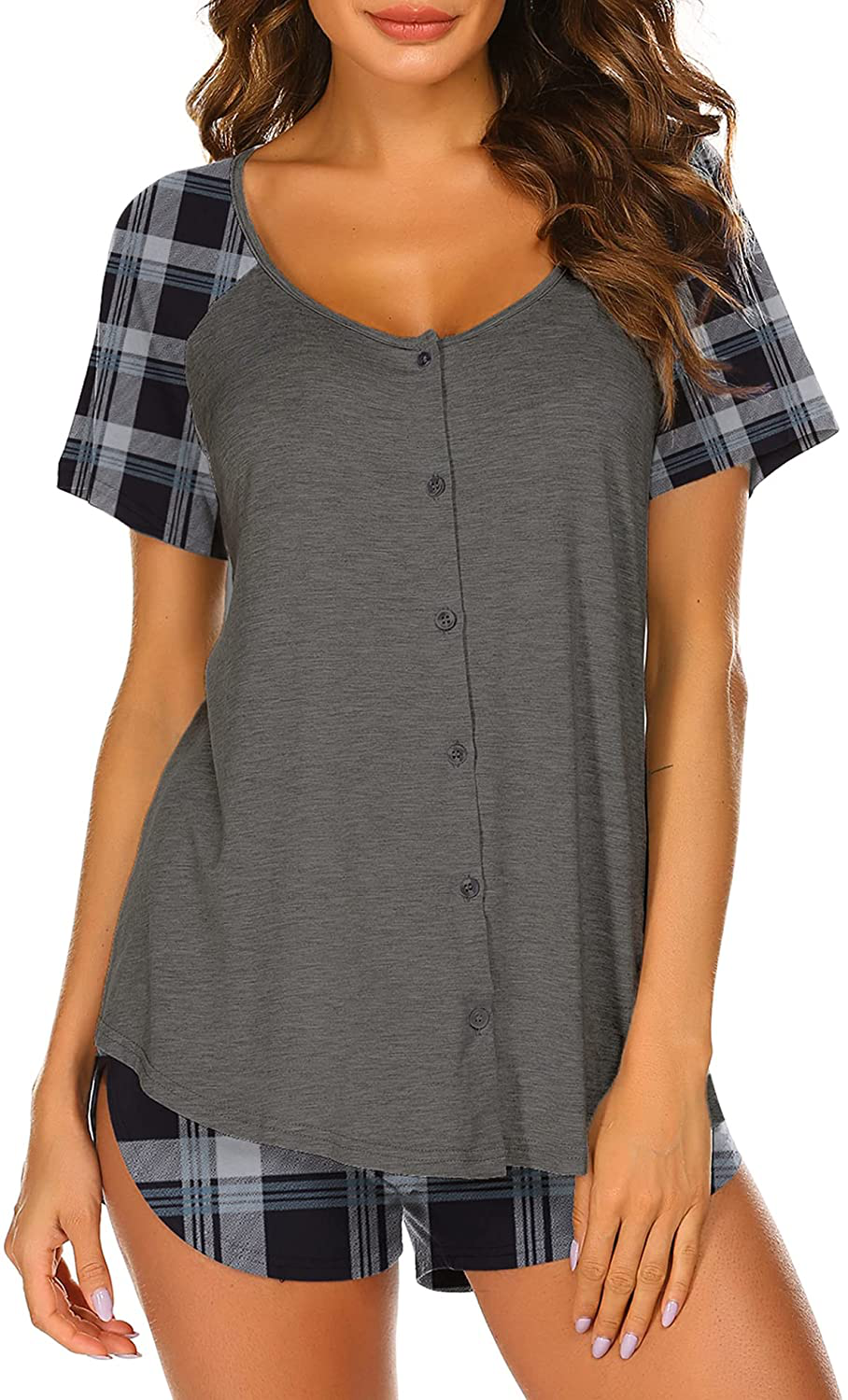 Ekouaer Women's Pajama Short Sleeve Sleepwear Soft Pj Set Top and Shorts Pajamas Set Apparel & Accessories > Clothing > Sleepwear & Loungewear > Pajamas Ekouaer Style 1_grey Plaid Small