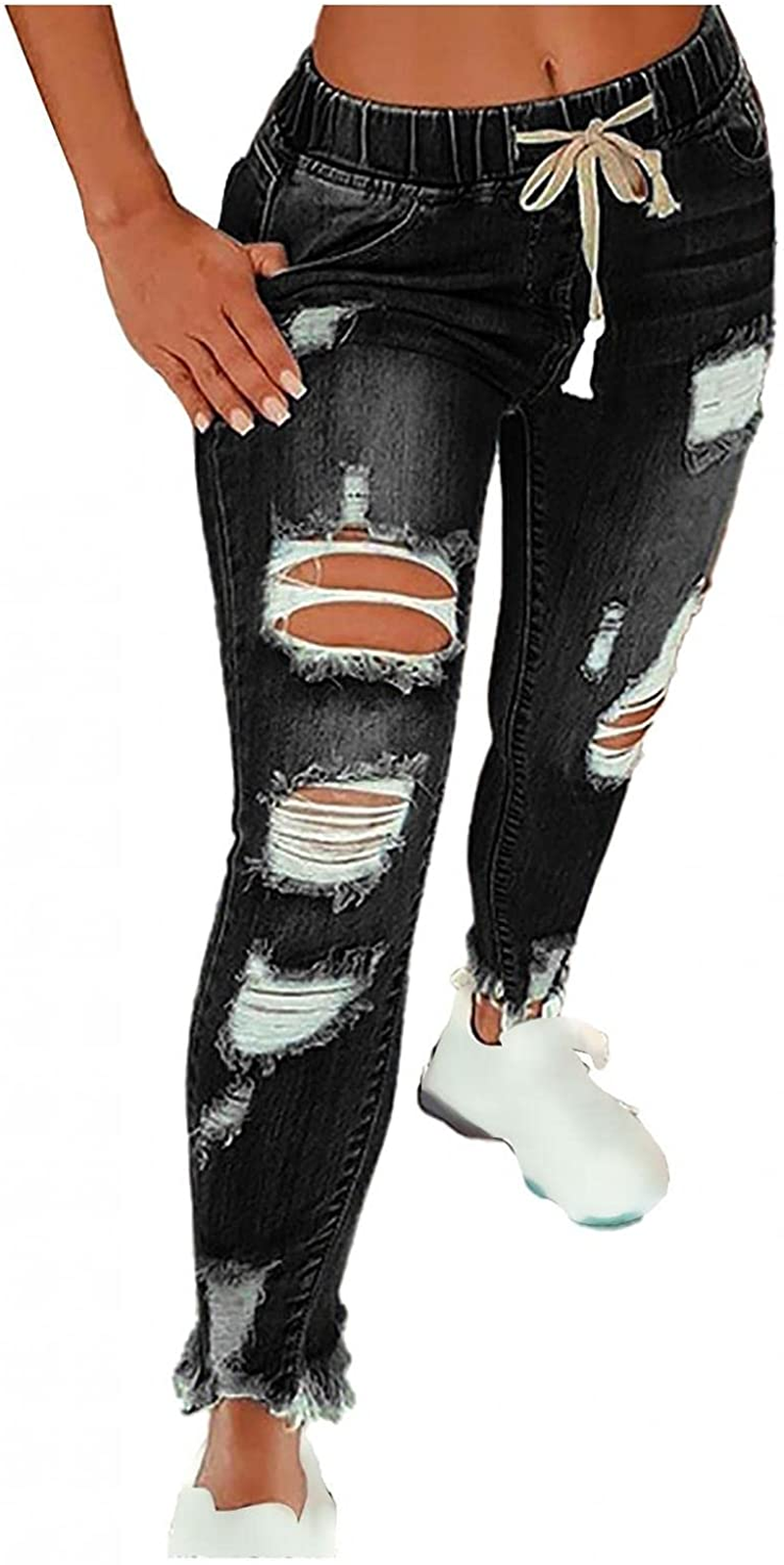 Burband Womens Drawstring Elastic Waistband Pull-On Distressed Denim Joggers Denim Jeans Sweatpants Skinny Ripped Jeggings Apparel & Accessories > Clothing > Underwear & Socks > Shapewear Burband Black 3X-Large