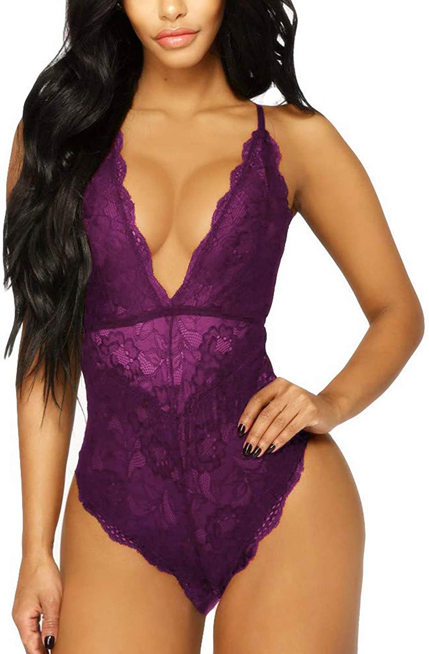Kaei&Shi V-Neck See Through Lingerie Floral Lace Babydoll Sexy Lingerie for Women One Piece Bodysuit Apparel & Accessories > Clothing > Underwear & Socks > Lingerie Kaei&Shi Purple 4X Plus
