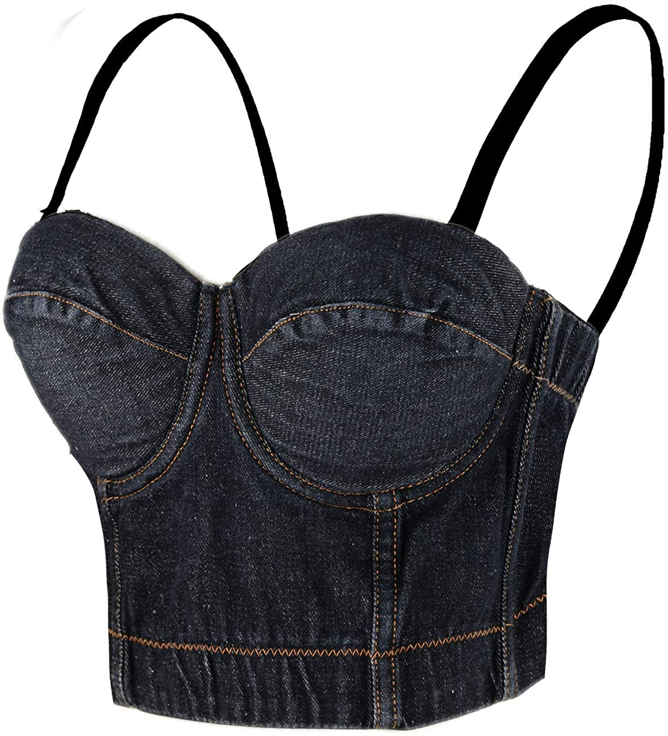 ELLACCI Women'S Denim Bustier Crop Top Jean Corset Top Bra with Detachable Straps Apparel & Accessories > Clothing > Underwear & Socks > Lingerie ELLACCI Medium