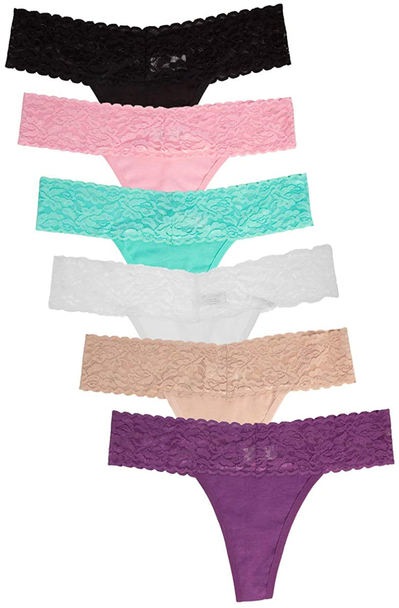 Jo & Bette (6 Pack) Cotton Womens Thong Underwear Lace Trim Soft Sexy Lingerie Panties Set Apparel & Accessories > Clothing > Underwear & Socks > Underwear Jo & Bette Pastels X-Large