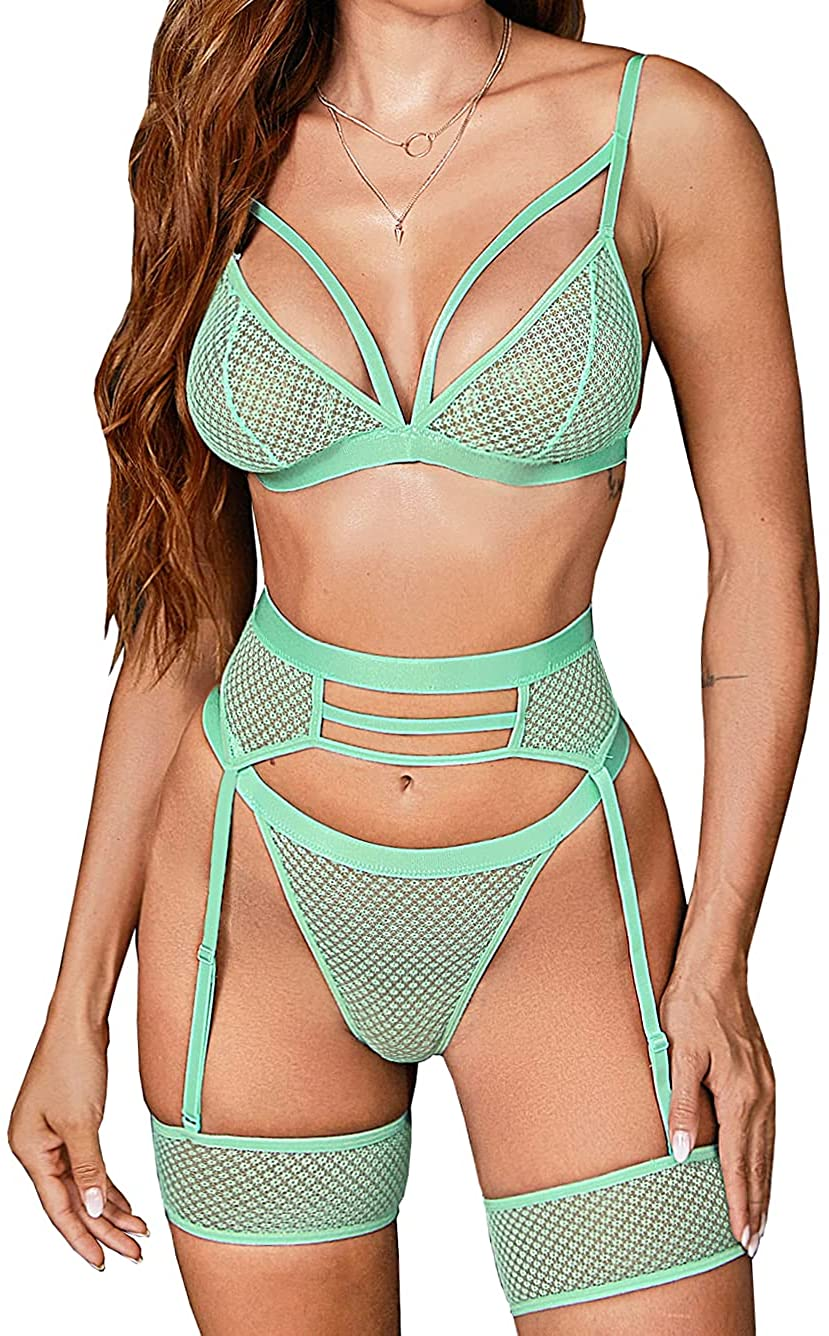 Kaei&Shi 4 Piece,Strappy Triangle Bralette,Thong,Thigh Bands,Garter Lingerie Set Apparel & Accessories > Clothing > Underwear & Socks > Lingerie Kaei&Shi Mint Green 2-4
