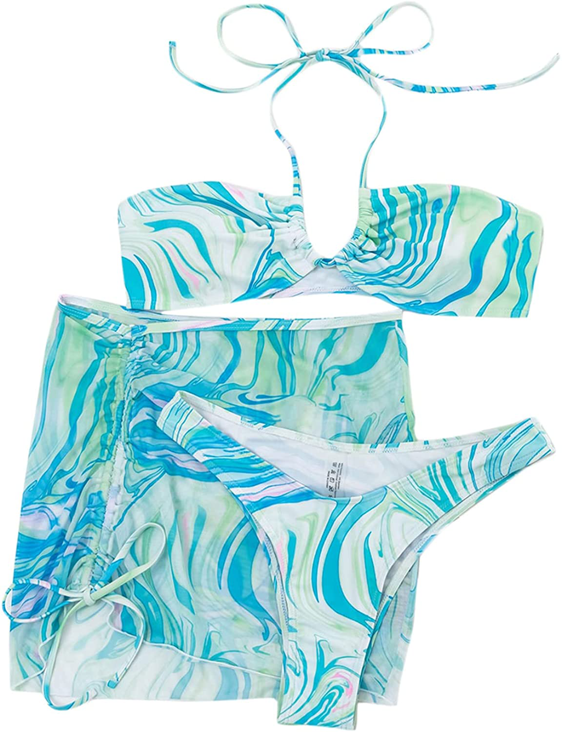 SOLY HUX Women's Wrap Triangle Bikini Bathing Suits with Mesh Beach Skirt 3 Piece Swimsuits Apparel & Accessories > Clothing > Swimwear KYLIE MAX Printed White Blue Medium