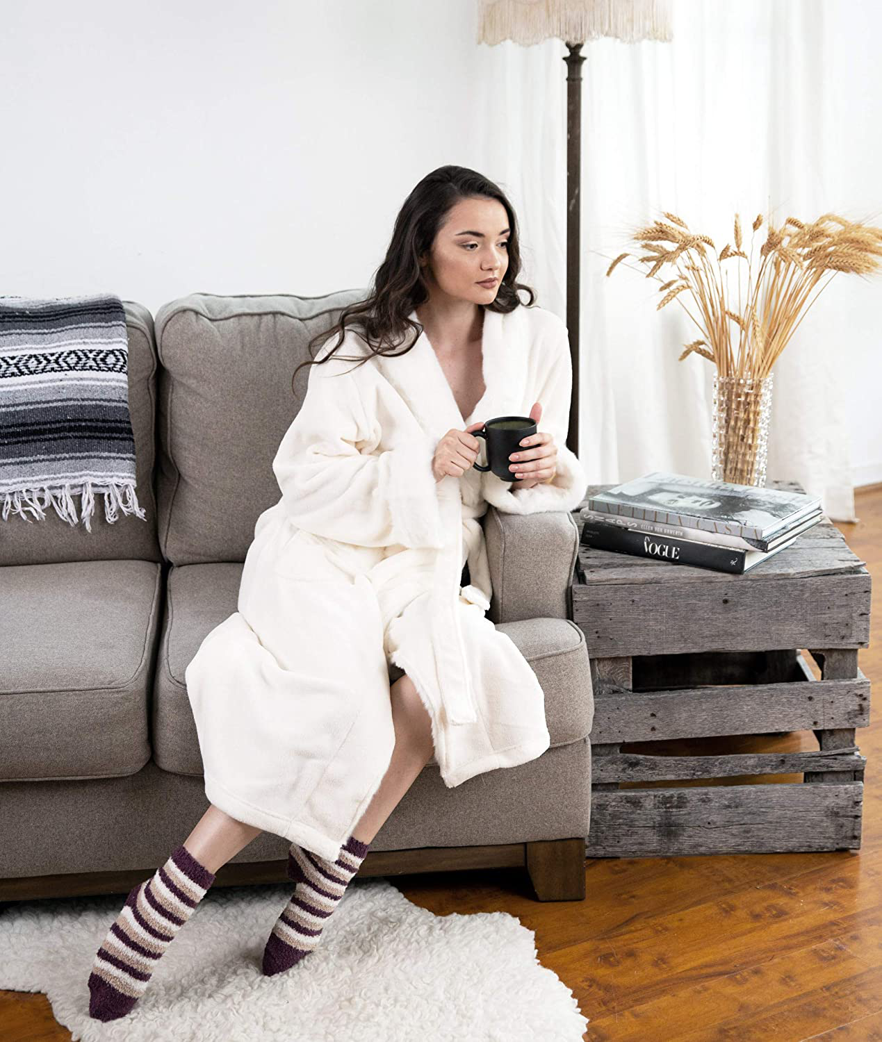 Chic Home Belgian Robe Cozy Super Soft Ultra Plush Faux Fur Fleece Sherpa Trim with 2 Pockets and Belt, 50 X 44, Brown Apparel & Accessories > Clothing > Sleepwear & Loungewear > Robes Chic Home Beige 50