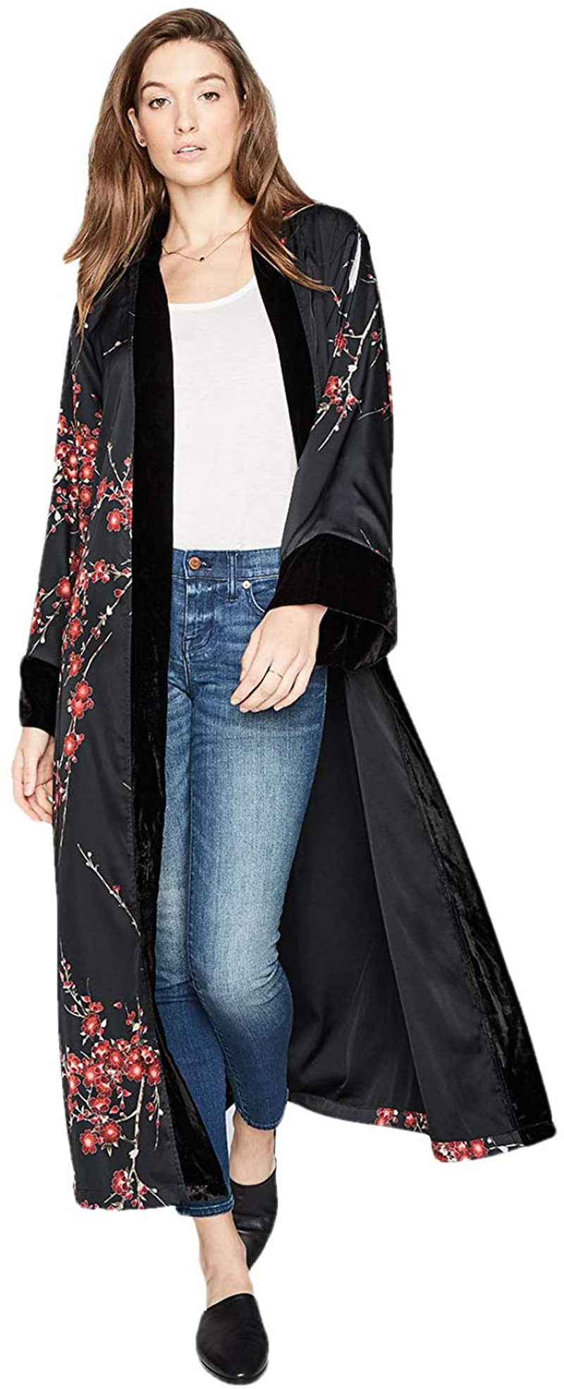 KIM+ONO Women'S Kimono Wrap - Watercolor Floral Apparel & Accessories > Clothing > Sleepwear & Loungewear > Robes KIM+ONO Cherry Blossom & Crane- Black