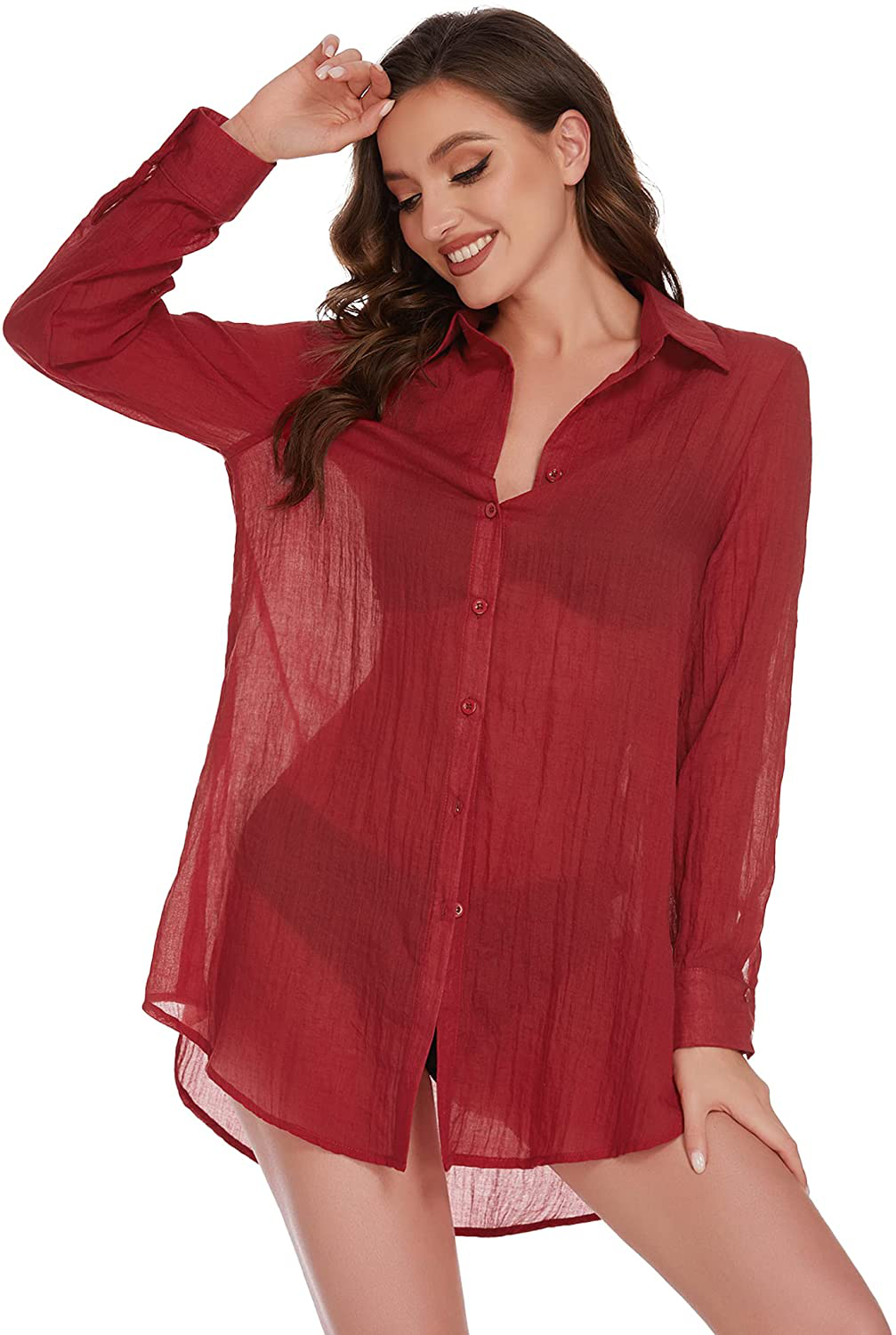 Ekouaer Button down Sleep Shirts for Women Sheer Long Sleeve Boyfriend Nightshirt S-XXL Apparel & Accessories > Clothing > Sleepwear & Loungewear > Nightgowns Kylie Max