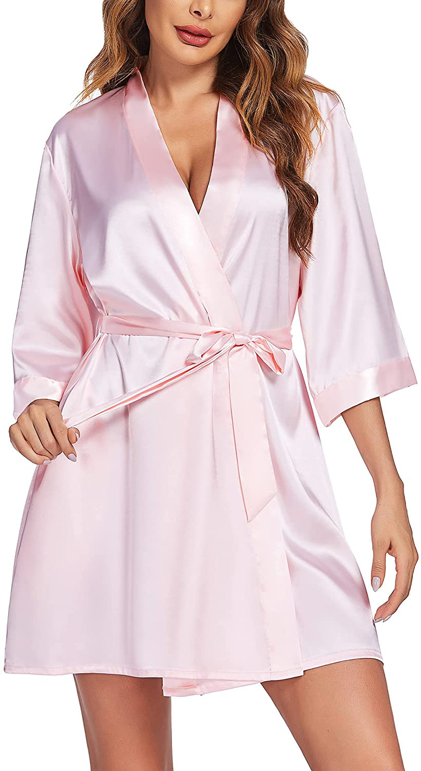 Ekouaer Women Satin Kimono Robes Sexy Silky Bathrobe Lace V-Neck Bridesmaid Bride Party Robe Soft Sleepwear with Pocket Apparel & Accessories > Clothing > Sleepwear & Loungewear > Robes Ekouaer