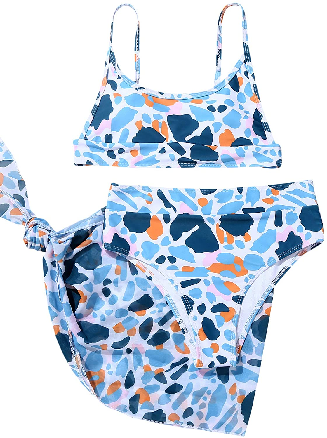SOLY HUX Women'S Tie Dye Wrap Bikini Bathing Suits with Mesh Beach Skirt 3 Piece Swimsuits Apparel & Accessories > Clothing > Underwear & Socks > Lingerie KYLIE MAX White Blue Medium