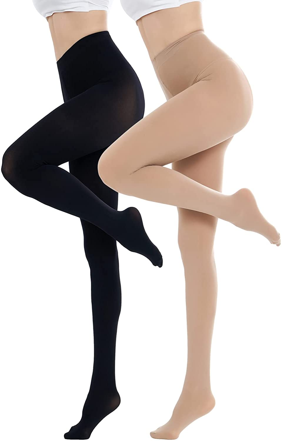 Cozywow Run Resistant 80D Soft Solid Color Semi Opaque Footed Tights High Waist Apparel & Accessories > Clothing > Underwear & Socks > Shapewear CozyWow 2 Pairs-beige/Black Small-Medium