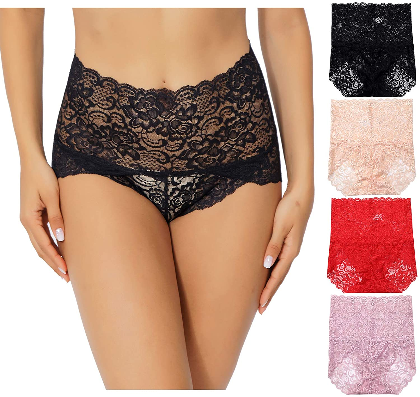 KYY Women'S Lace Underwear High Waist Sexy Panties Full Coverage Briefs 4 Pack Apparel & Accessories > Clothing > Underwear & Socks > Underwear KYY Black/Light Purple/Red/Skin Medium