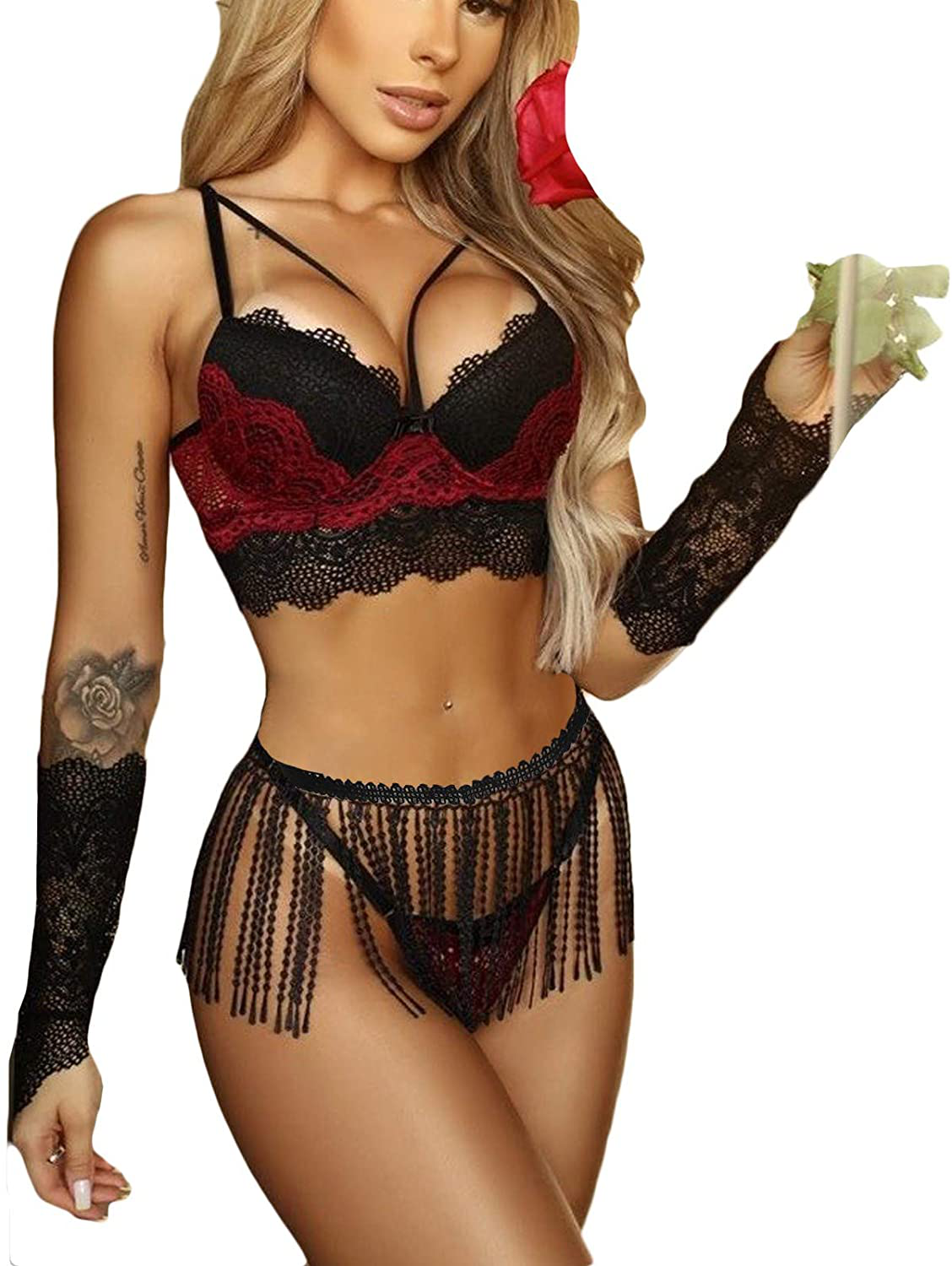 MOOKO Lingerie for Women Plus Size Lace Lingerie Sets Chemise Sleepwear Sexy Babydoll Mini Teddy Bodysuit Nightgown Apparel & Accessories > Clothing > Underwear & Socks > Lingerie MOOKO P-black Large