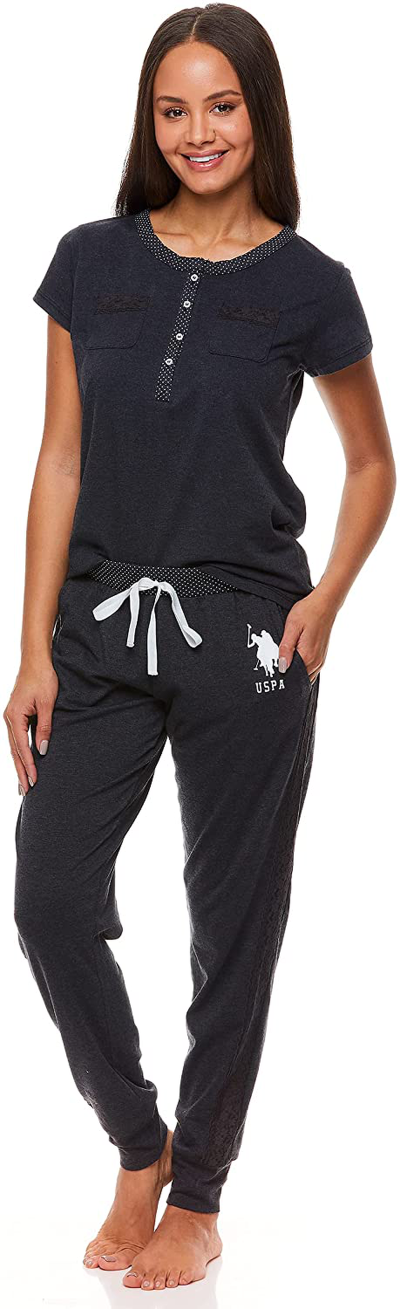 U.S. Polo Assn. Womens Pajama Set with Pockets - Short Sleeve Shirt and Pajama Pants Pj Set Apparel & Accessories > Clothing > Sleepwear & Loungewear > Pajamas U.S. Polo Assn. Black Heather Small