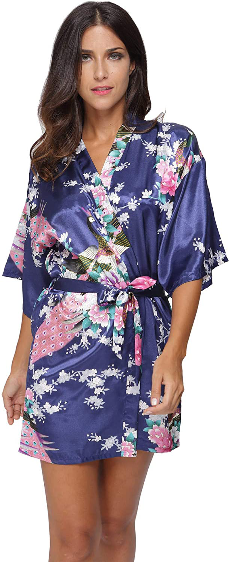 Original Kimono Women'S Short Satin Kimono Robe Floral Peacock Patterned Bathrobe Silky Bridal Nightwear Apparel & Accessories > Clothing > Sleepwear & Loungewear > Robes Original Kimono