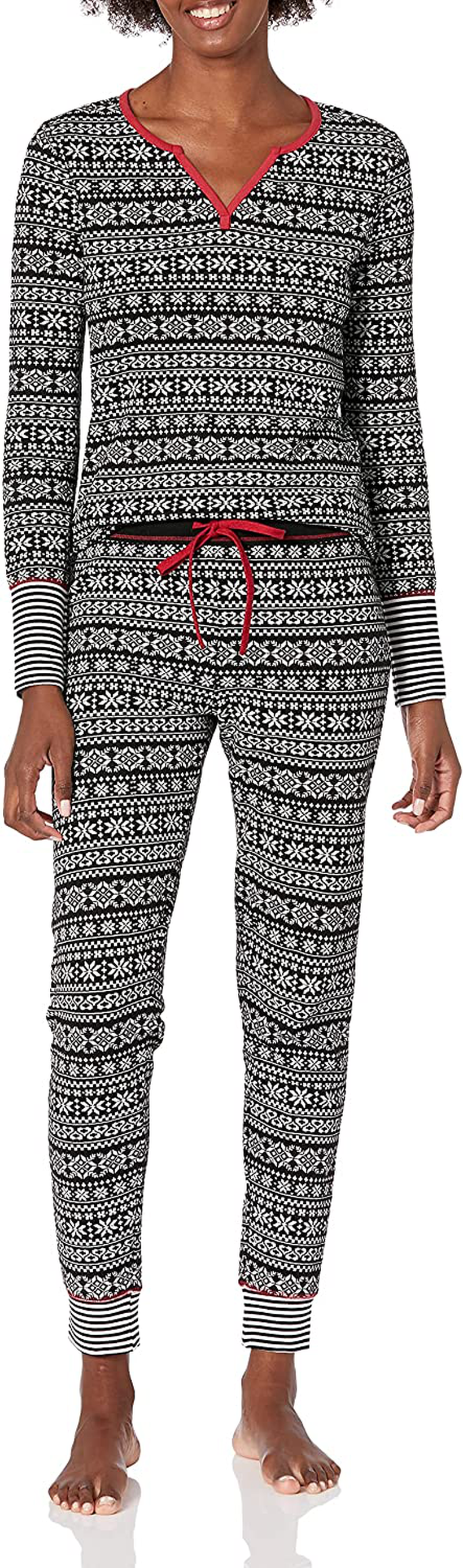 Mae Women's Vintage Thermal Henley Long Sleeve Top with Jogger Pajama Set Apparel & Accessories > Clothing > Sleepwear & Loungewear > Pajamas Mae Black Fair Isle Large