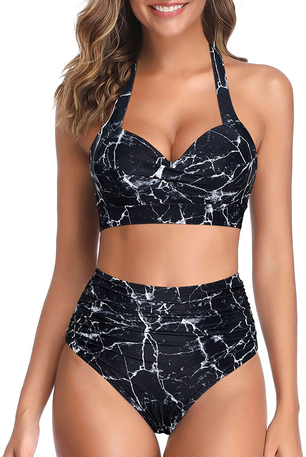 Tempt Me Women Vintage Swimsuit Two Piece Retro Halter Ruched High Waist Bikini Apparel & Accessories > Clothing > Swimwear KYLIE MAX Marble Medium