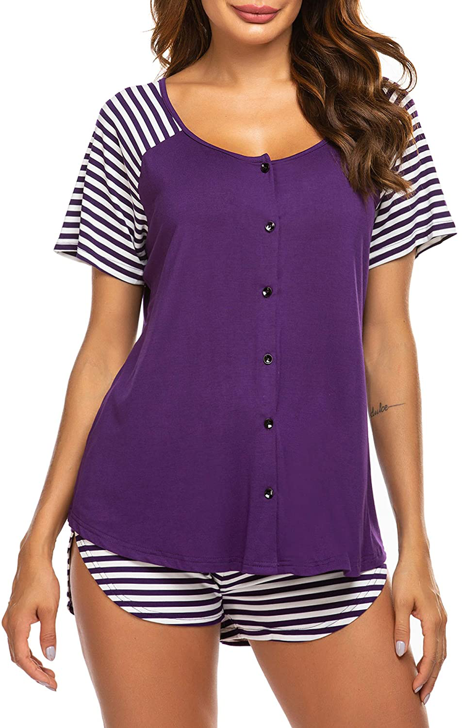 Ekouaer Women's Pajama Short Sleeve Sleepwear Soft Pj Set Top and Shorts Pajamas Set Apparel & Accessories > Clothing > Sleepwear & Loungewear > Pajamas Ekouaer Style 1_purple XX-Large