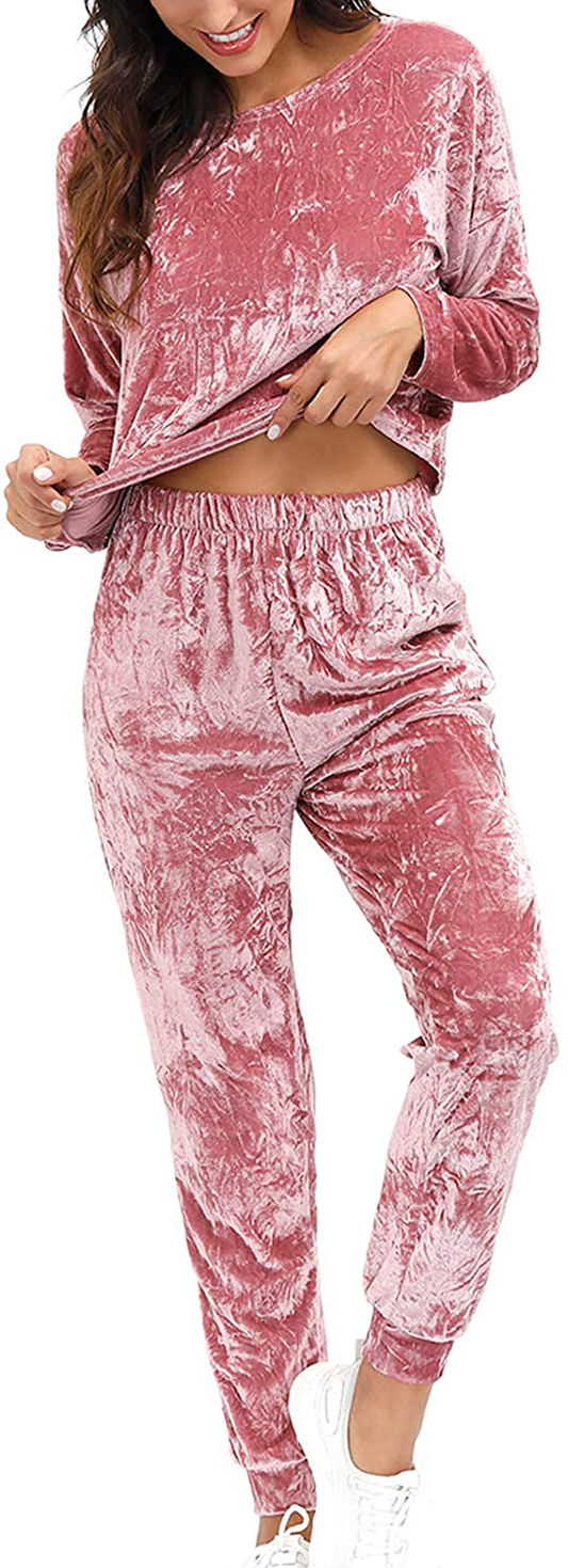 Velvet Lounge Set For Women - Wrinkle Solid Two Piece Loungewear Pajamas Tracksuit Sets Apparel & Accessories > Clothing > Sleepwear & Loungewear > Pajamas Lexiart Maroon X-Large