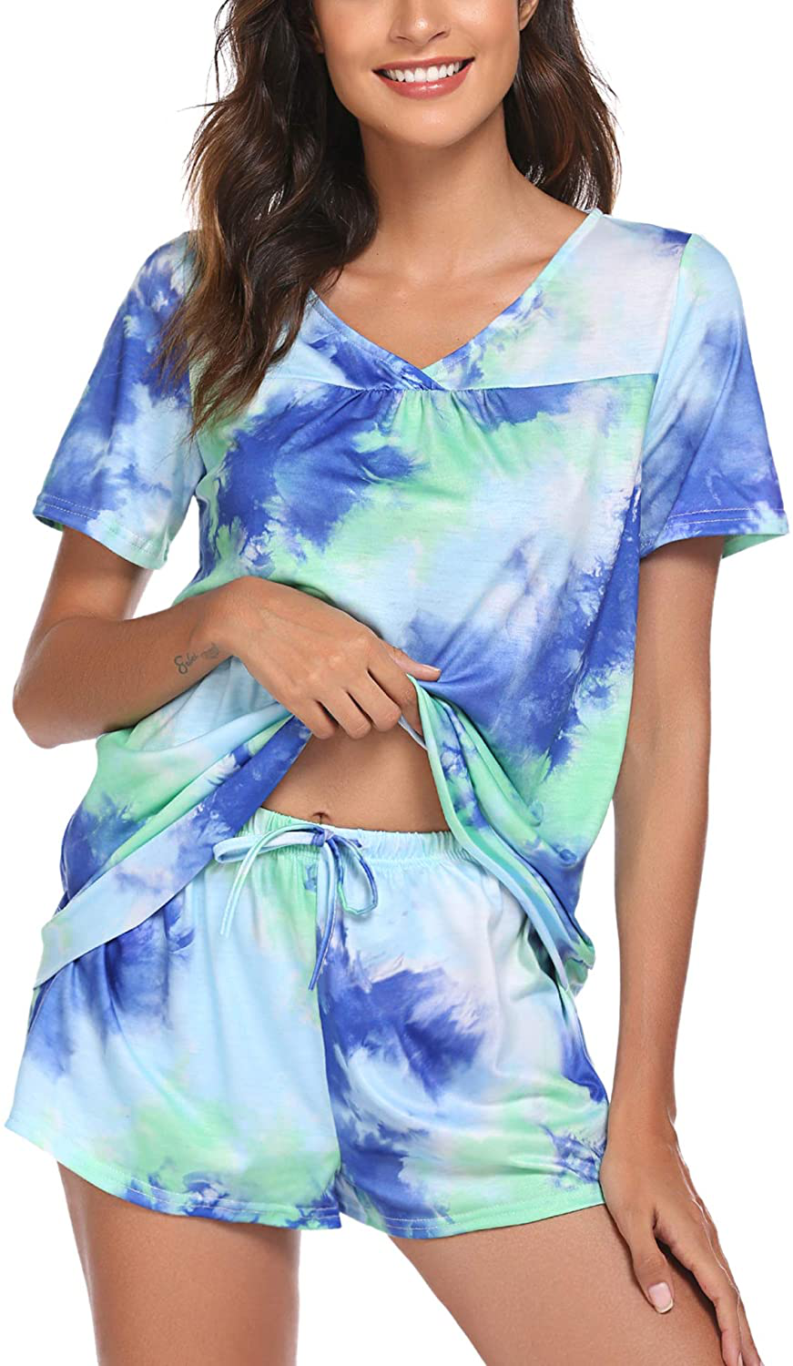 Avidlove Women's Shorts Pajama Set Short Sleeve Sleepwear Nightwear Pjs S-XXL Apparel & Accessories > Clothing > Sleepwear & Loungewear > Pajamas Avidlove White Blue and Green Medium