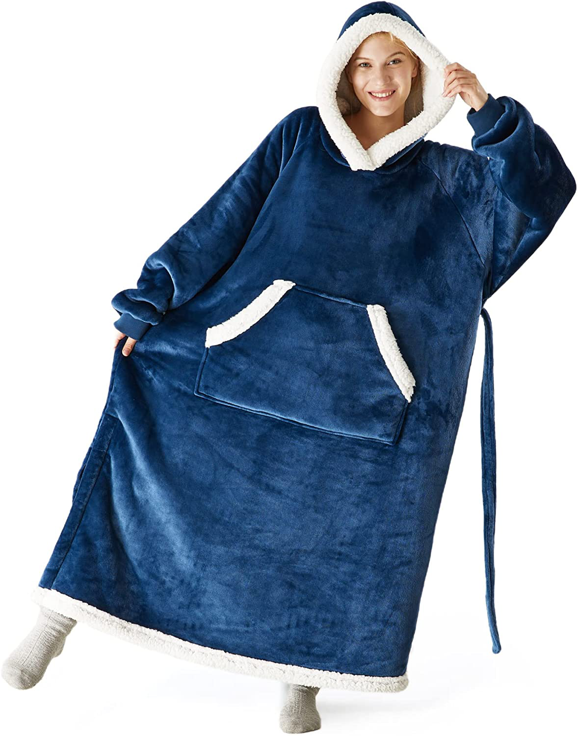 Bedsure Pink Wearable Blanket Hoodie Gift for Women- Long-Length Hooded Blanket Sweatshirt Adult with Side Split and Belt, Warm Sherpa Sweater Blanket Jacket Arts & Entertainment > Party & Celebration > Gift Giving Bedsure Navy Teens