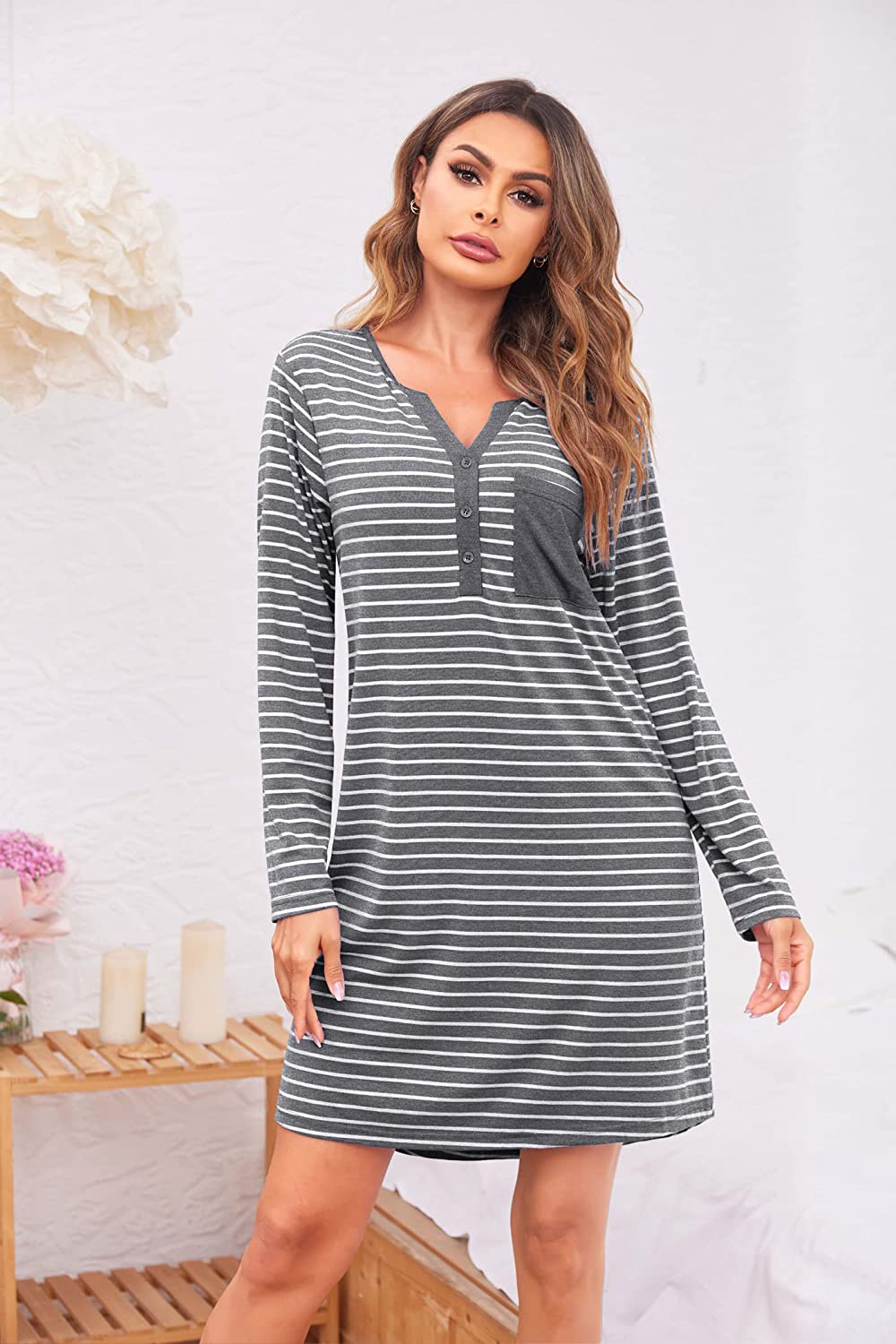 Ekouaer Women'S Nightshirt Long Sleeve Button down Nightgown V-Neck Sleepwear Short Sleeve Pajama Dress Apparel & Accessories > Clothing > Sleepwear & Loungewear > Nightgowns Kylie Max