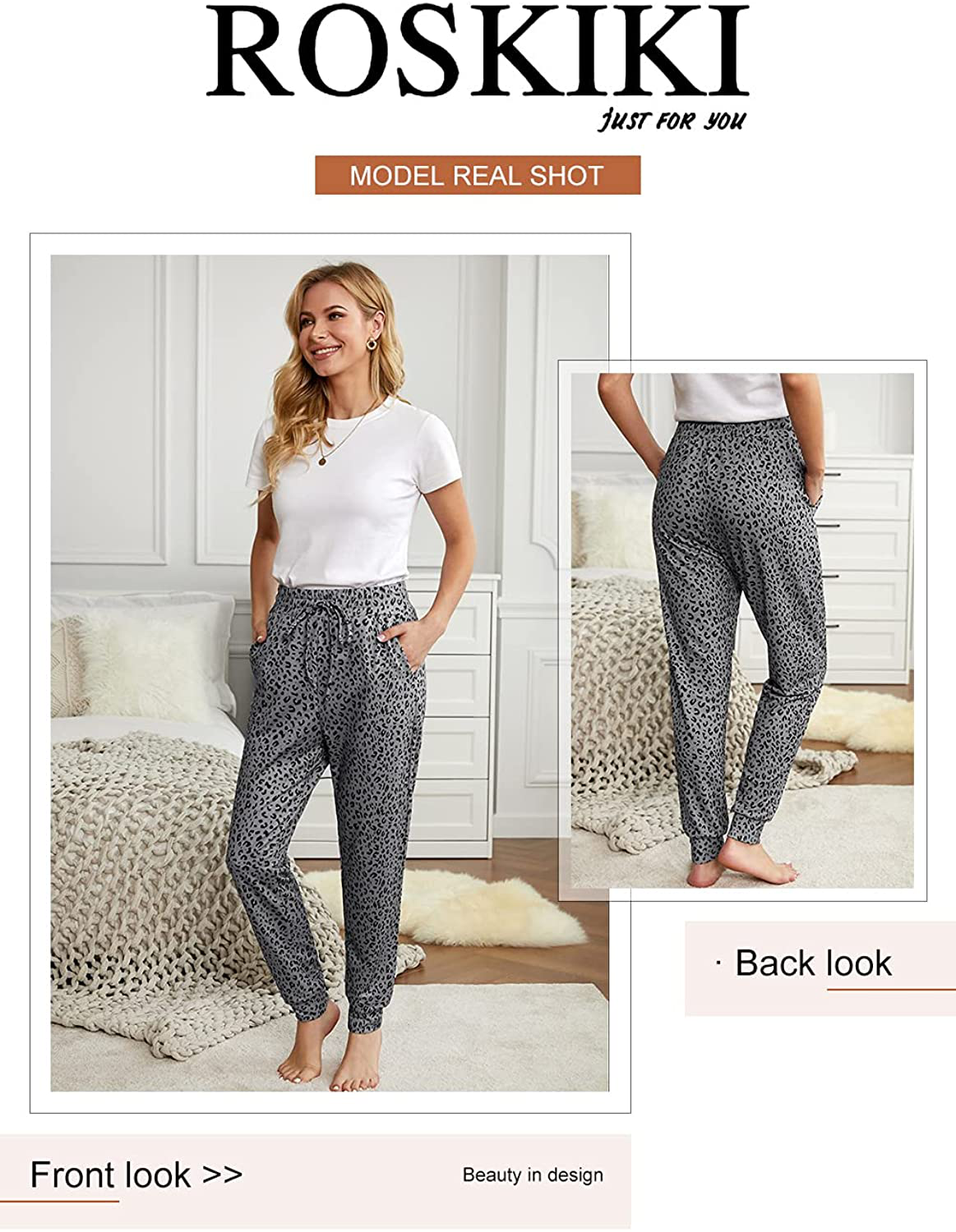 ROSKIKI Womens Leopard Drawstring Elastic Waist Sports Lounge Pants with Pockets Apparel & Accessories > Clothing > Activewear Kylie Max