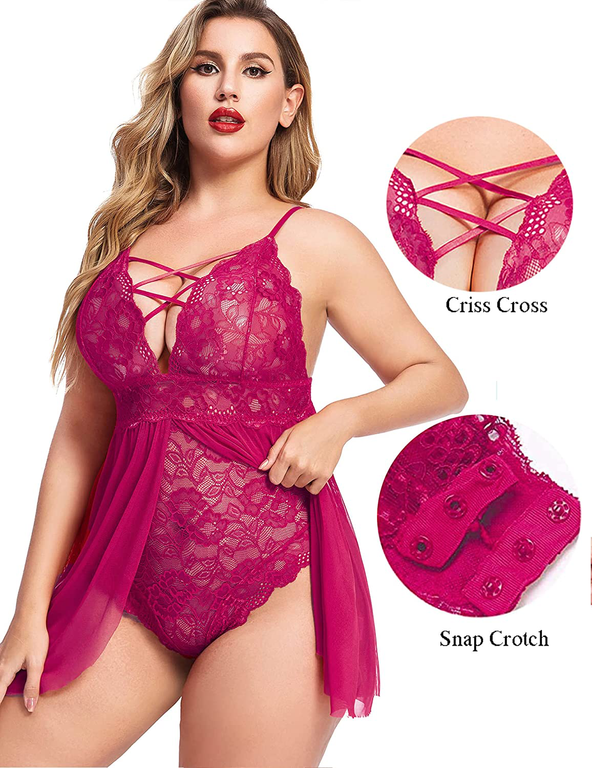 Avidlove plus Size Babydoll Womens Snap Crotch Lingerie V Neck Lace Nighty Mesh Sleepwear L-5XL Apparel & Accessories > Clothing > Underwear & Socks > Lingerie Kylie Max