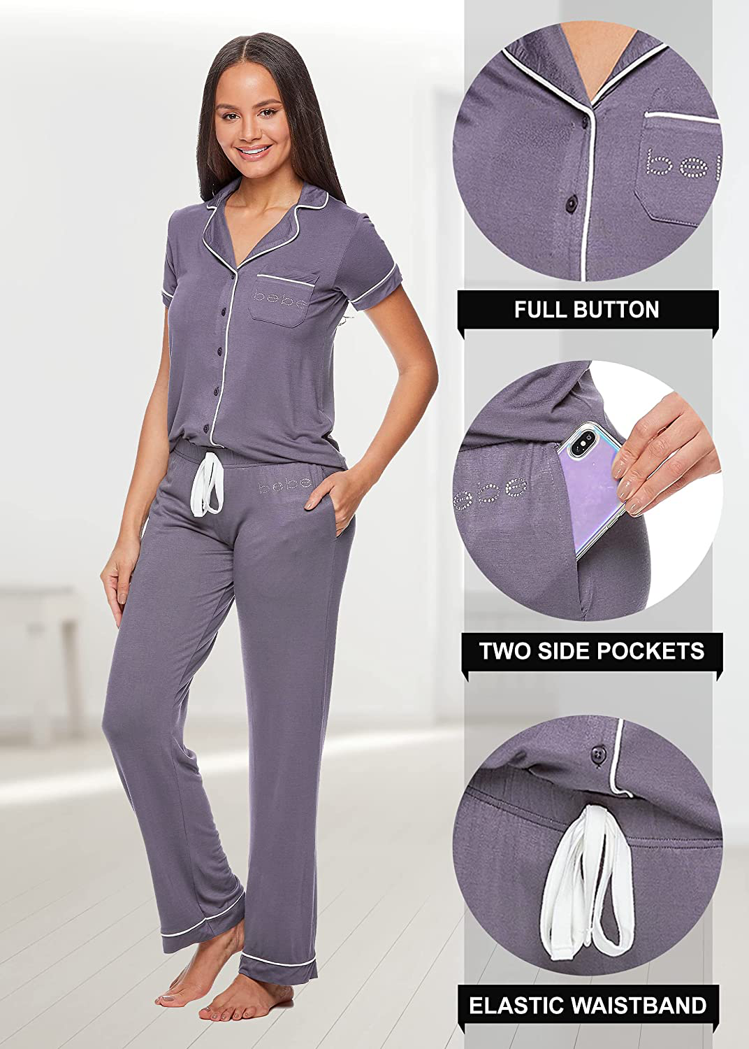 bebe Womens Button Down Short Sleeve Shirt and Pajama Pants Lounge Sleep Set Apparel & Accessories > Clothing > Sleepwear & Loungewear > Pajamas bebe