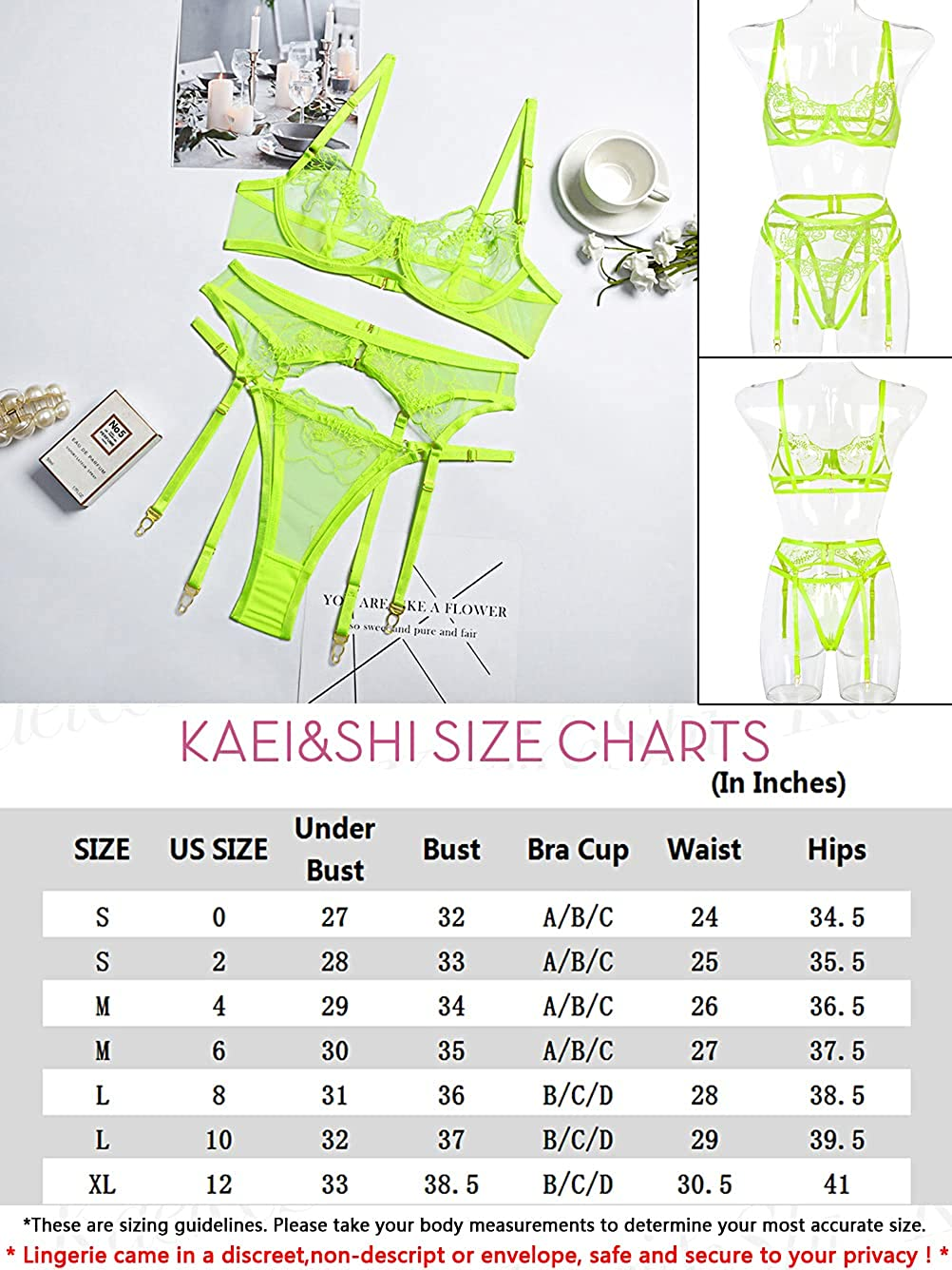 Kaei&Shi Embroidered Mesh Sheer,Underwire Cutout,High Cut Thong,Belt Garter Lingerie Set Apparel & Accessories > Clothing > Underwear & Socks > Lingerie Kaei&Shi