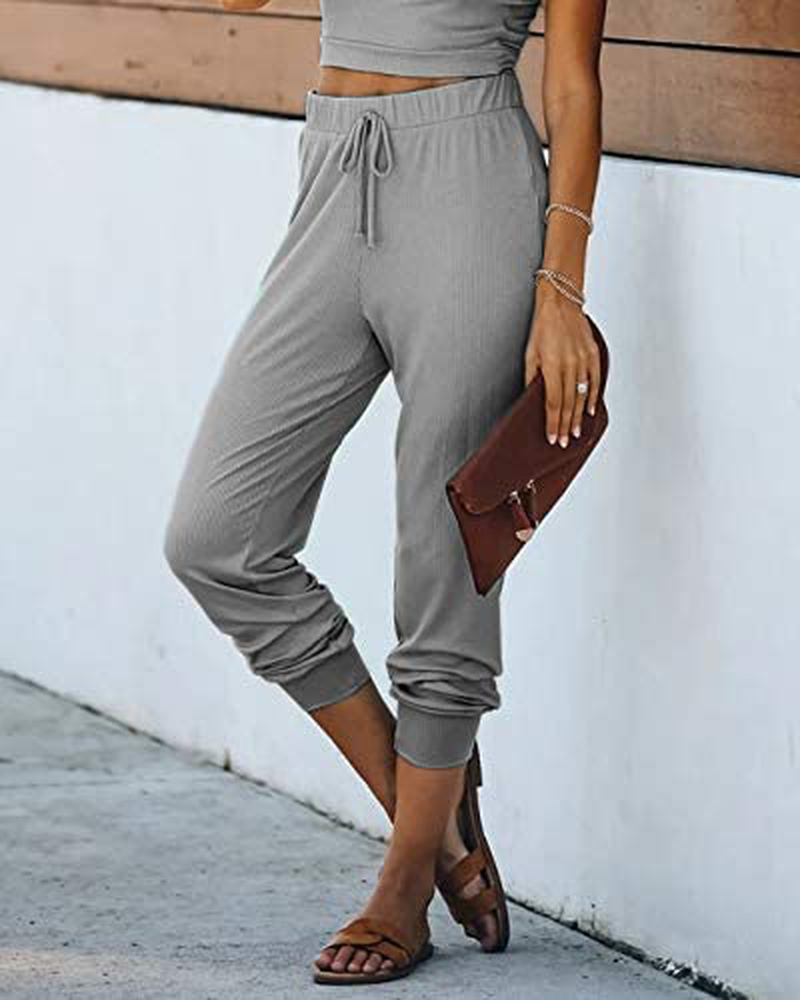 QINSEN Women'S Casual Two Piece Outfit Ribbed Spaghetti Strap Top Long Pants Tracksuit Joggers Sets Apparel & Accessories > Clothing > Sleepwear & Loungewear Kylie Max