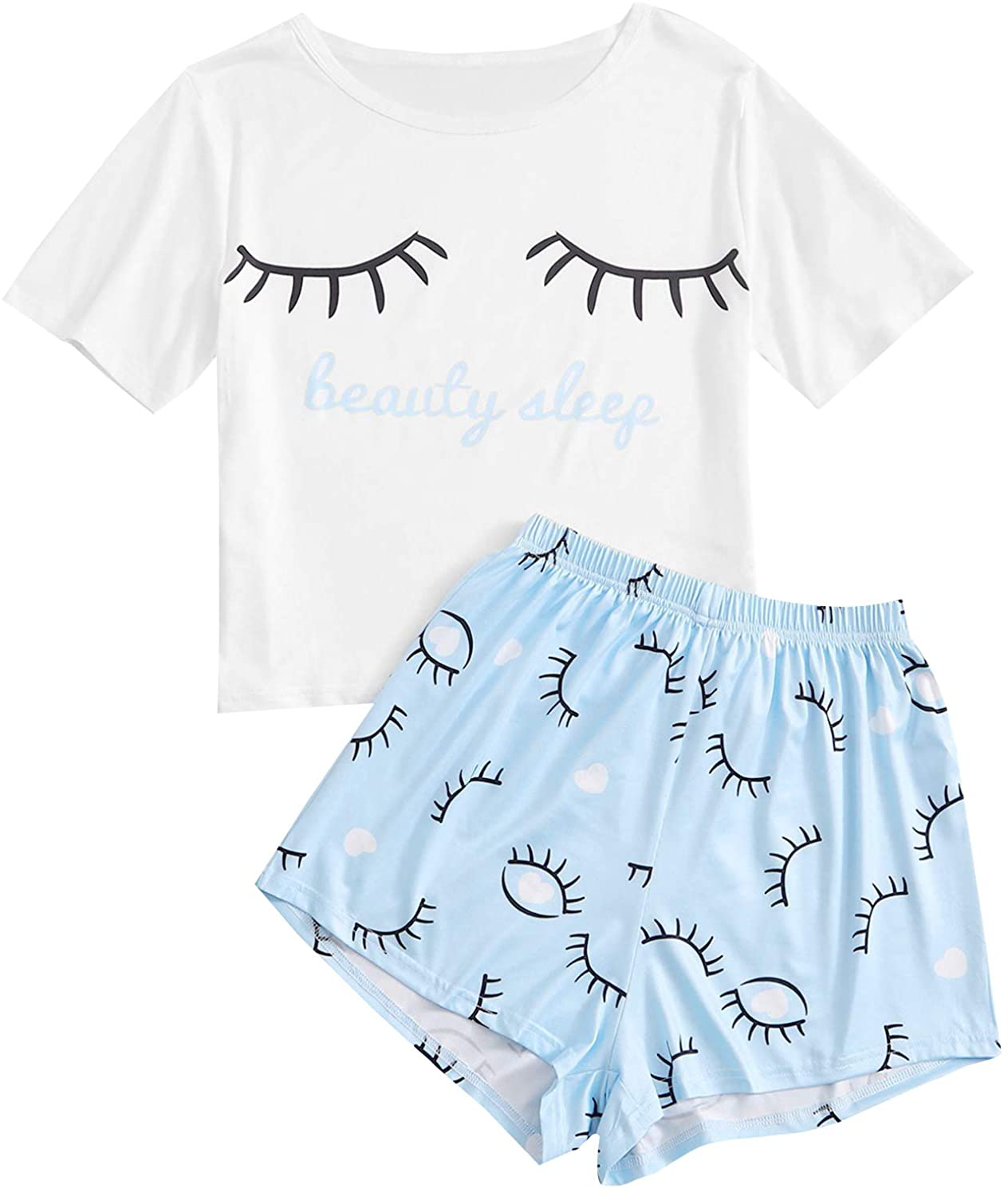 DIDK Women's Cute Cartoon Print Tee and Shorts Pajama Set Apparel & Accessories > Clothing > Sleepwear & Loungewear > Pajamas DIDK Closed Eyes Blue Medium