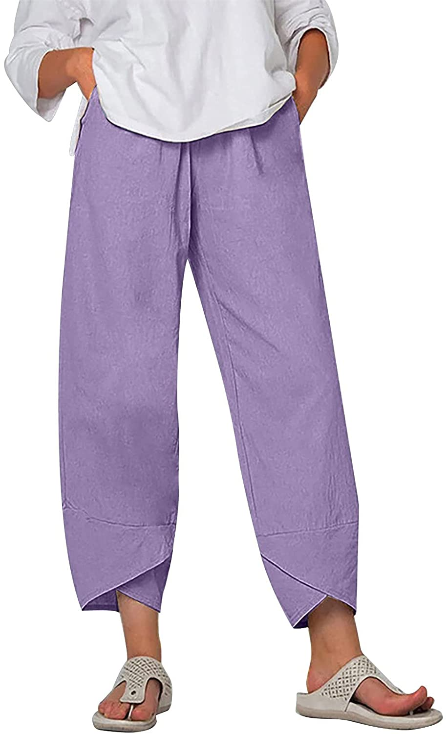 Burband Womens Summer Baggy Cotton Linen Cropped Work Pants Casual Drawstring Loose Beach Yoga Harem Pants plus Size S-6XL Apparel & Accessories > Clothing > Underwear & Socks > Shapewear Burband Purple 3X-Large
