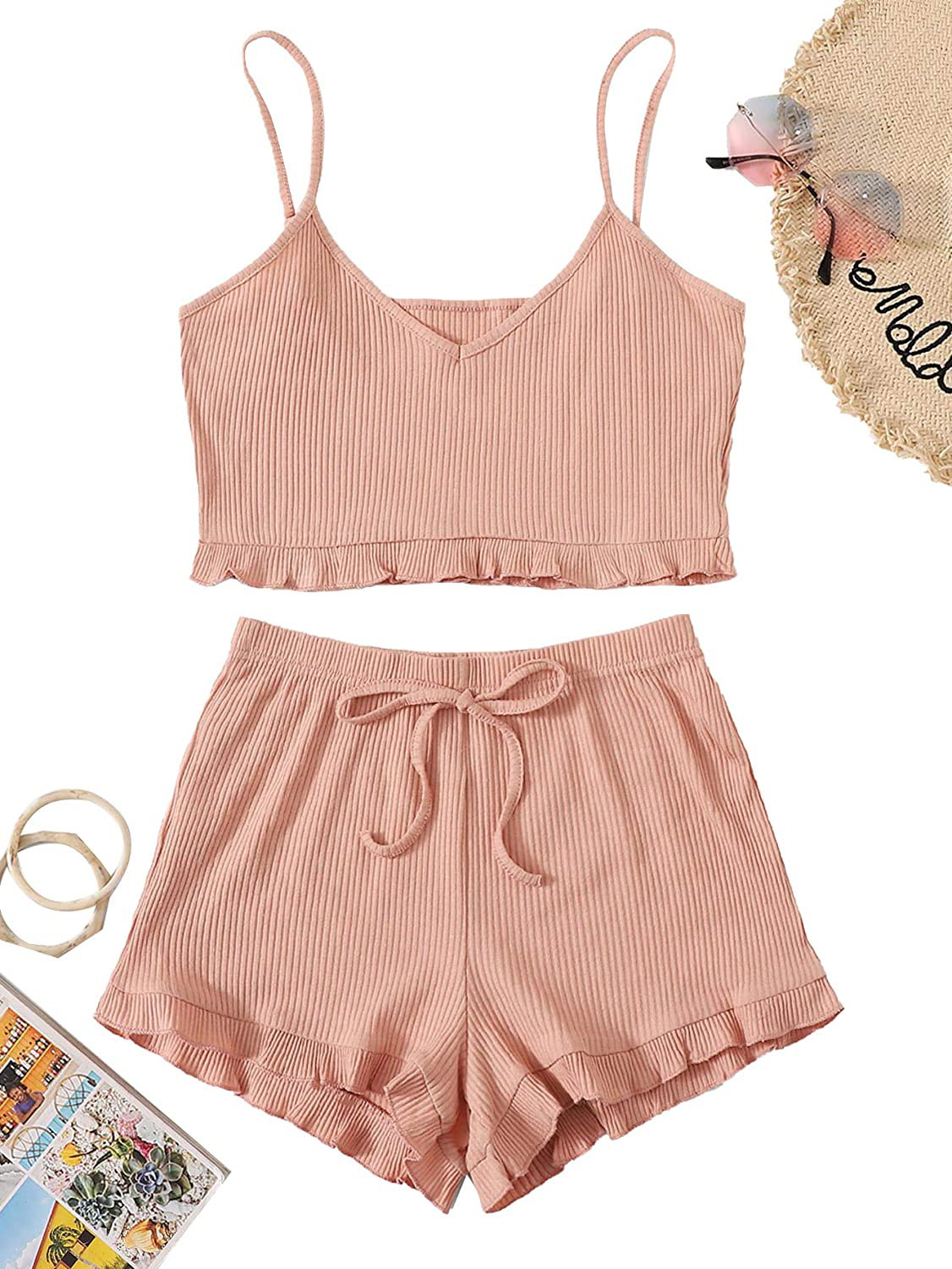 Shein Women'S 2 Pieces Sleeveless V Neck Crop Top Frill Trim Shorts Pajama Sets Apparel & Accessories > Clothing > Sleepwear & Loungewear Kylie Max