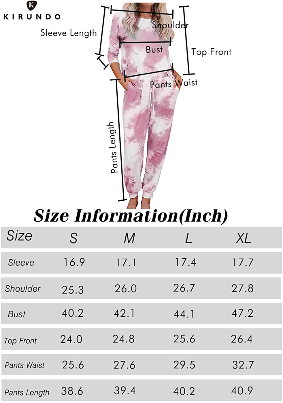 KIRUNDO Women’s Tie Dye Pajamas Set Long Sleeves Jogger PJ Sets Two Pieces Round Neck Loungewear Nightwear Sleepwear Apparel & Accessories > Clothing > Sleepwear & Loungewear > Pajamas KIRUNDO