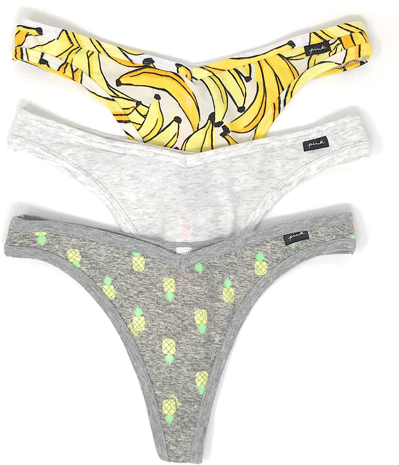 Victoria's Secret PINK Thong Panty Set of 3 Apparel & Accessories > Clothing > Underwear & Socks > Underwear Victoria's Secret Bananas / Lt Gray / Pineapples Medium