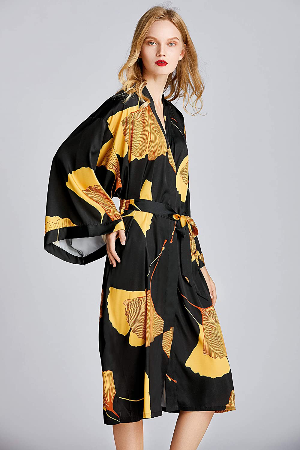 EORUBE Women'S Kimono Robe Long Ginkgo Leaf Printed Satin Robe Bride Bridesmaid Dressing Gown Apparel & Accessories > Clothing > Sleepwear & Loungewear > Robes EORUBE