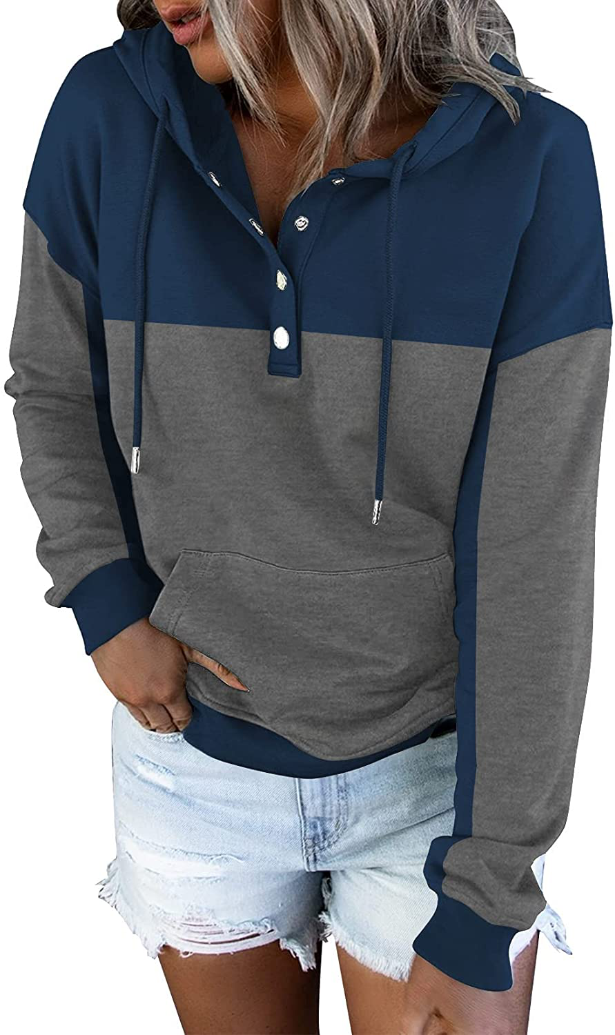 ETCYY Women'S Color Block Hoodies Tops Long Sleeve Casual Drawstring Button down Pullover Sweatshirt with Pocket Apparel & Accessories > Clothing > Activewear Kylie Max