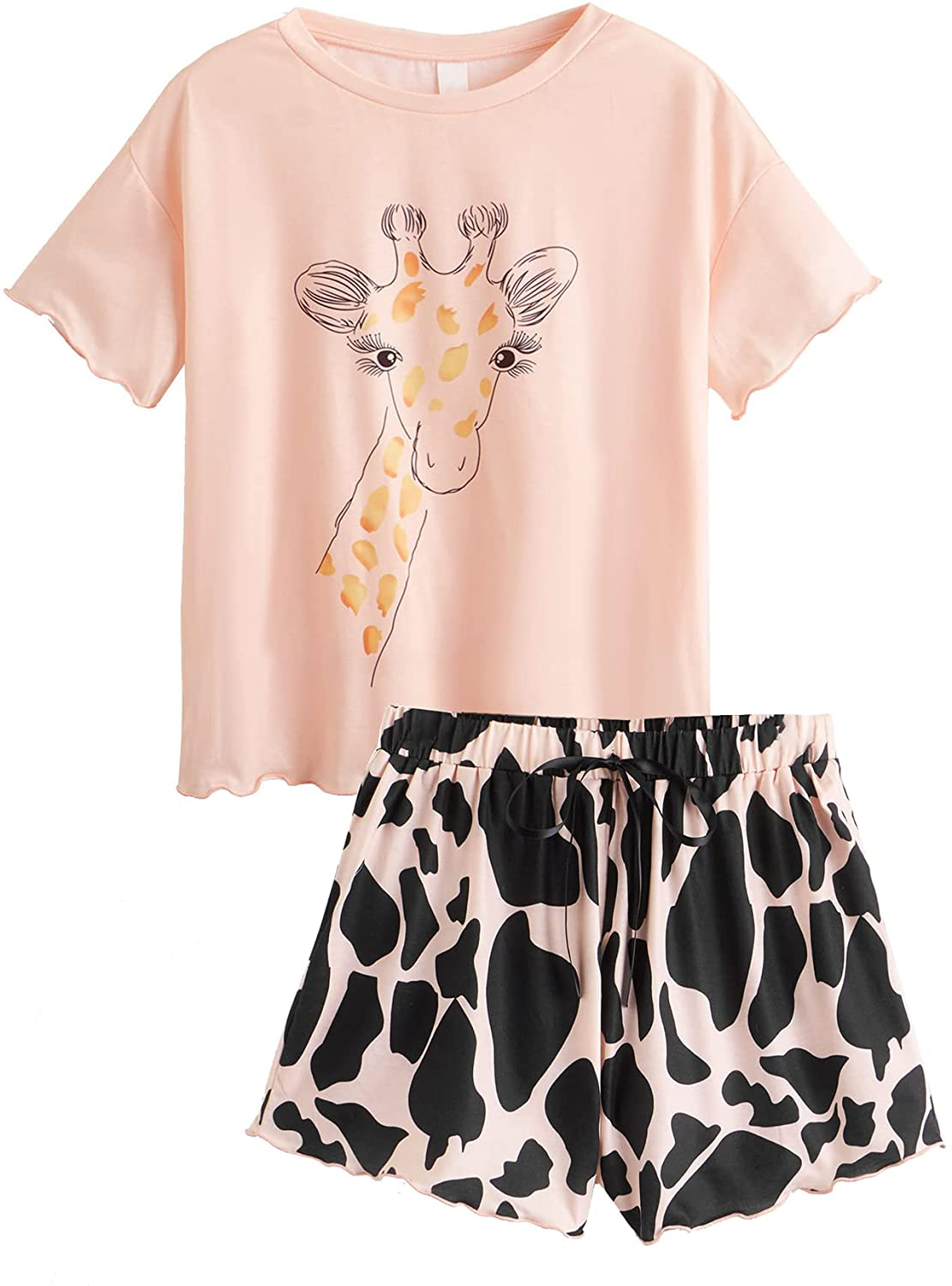 DIDK Women's Cute Cartoon Print Tee and Shorts Pajama Set Apparel & Accessories > Clothing > Sleepwear & Loungewear > Pajamas DIDK Giraffe Coral Medium