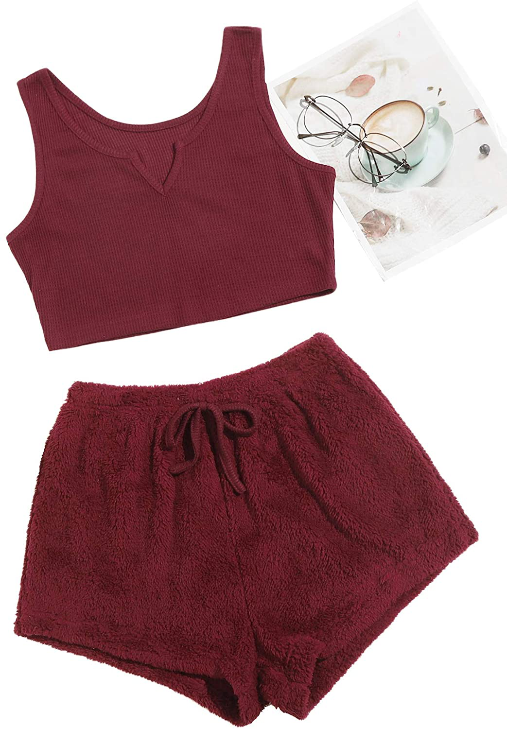 Verdusa Women'S 2 Piece PJ Set Notched Tank Top & Teddy Shorts Fuzzy Lounge Pajama Set Apparel & Accessories > Clothing > Sleepwear & Loungewear Kylie Max