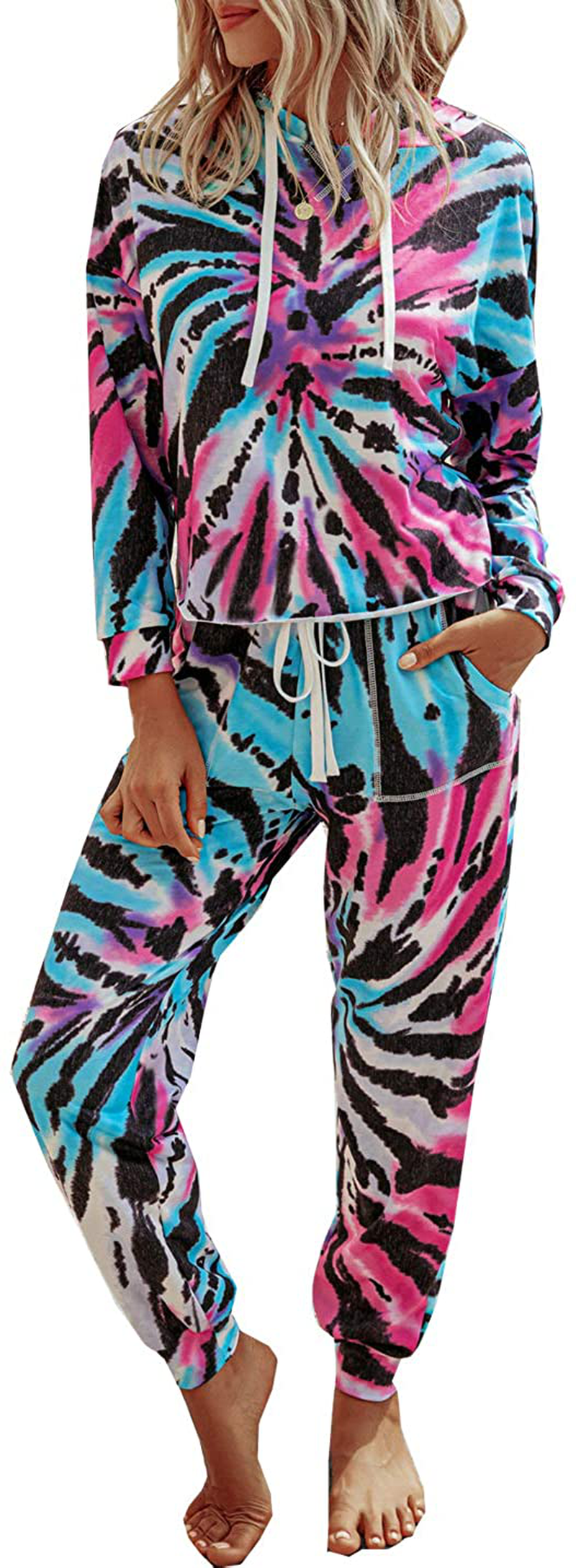 PRETTYGARDEN Women’s Tie Dye Two Piece Pajamas Set Long Sleeve Sweatshirt with Long Pants Sleepwear Apparel & Accessories > Clothing > Sleepwear & Loungewear > Pajamas PRETTYGARDEN Tie Dye-blue Large