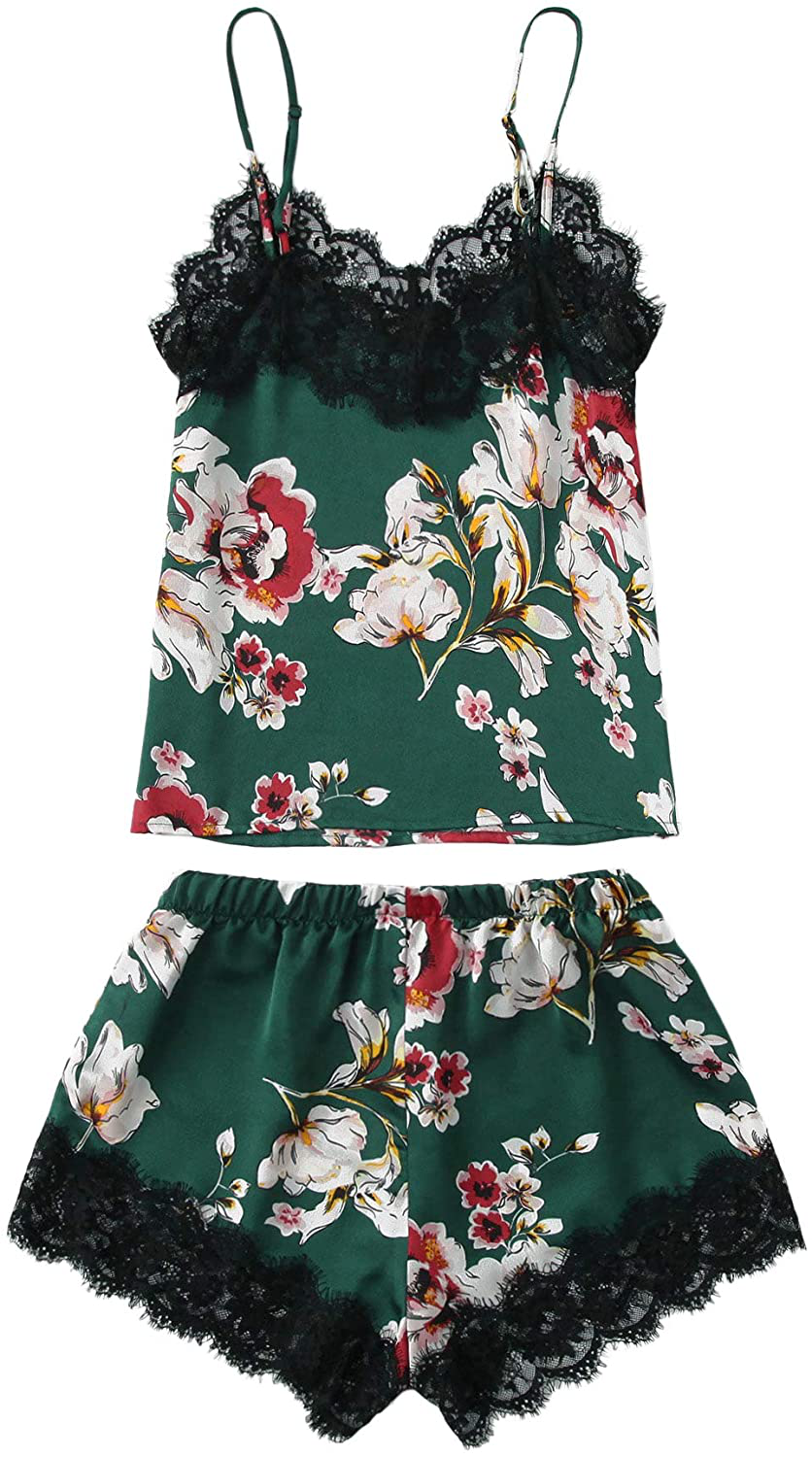 Makemechic Women'S Lace Satin Sleepwear Cami Top and Shorts Pajama Set Apparel & Accessories > Clothing > Sleepwear & Loungewear Kylie Max