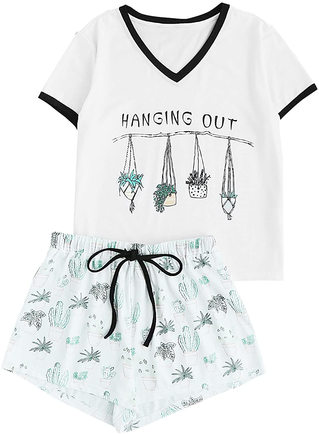 DIDK Women's Cute Cartoon Print Tee and Shorts Pajama Set Apparel & Accessories > Clothing > Sleepwear & Loungewear > Pajamas DIDK Ringer White X-Small